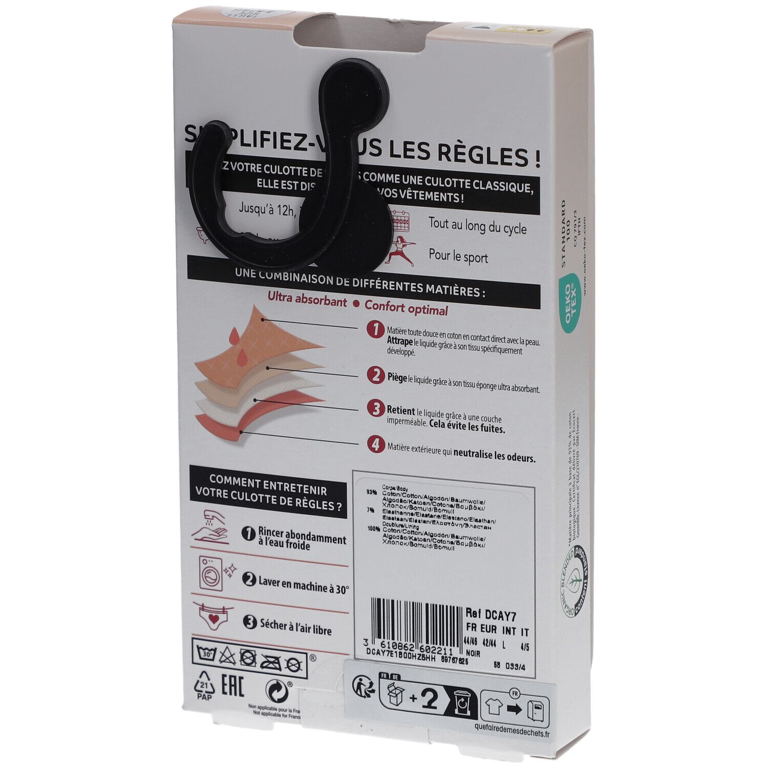DIM Protect Culotte de règles Lavable - Slip - Coton bio - Flux Moyen - 44/46
