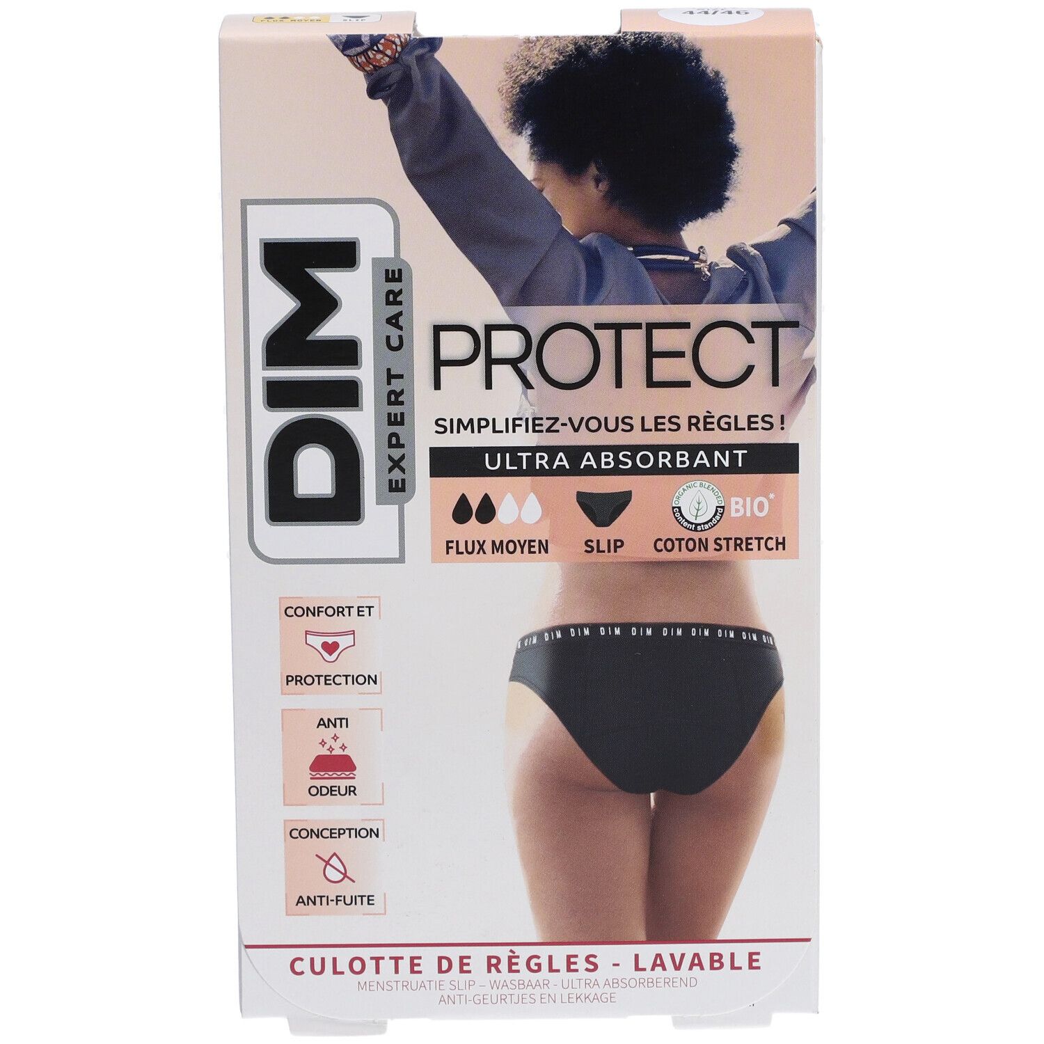 DIM Protect Culotte de règles Lavable - Slip - Coton bio - Flux Moyen - 44/46