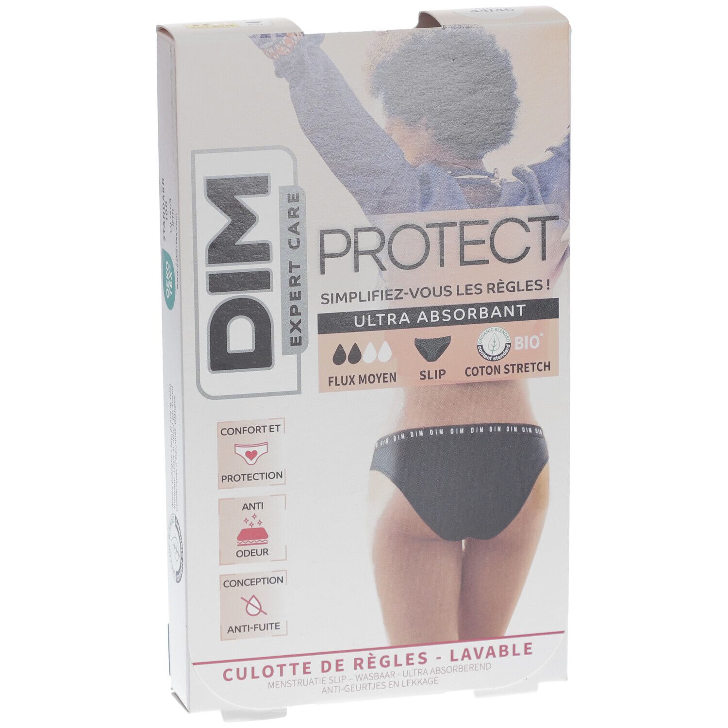 DIM Protect Culotte de règles Lavable - Slip - Coton bio - Flux Moyen - 44/46
