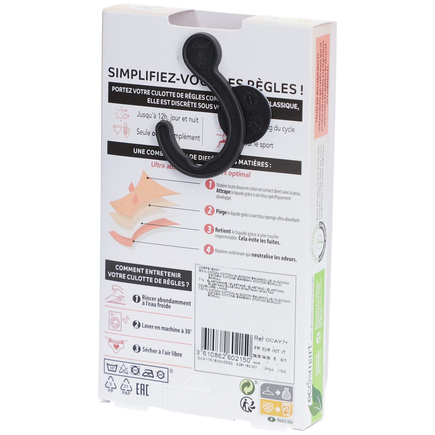 DIM Protect Culotte de règles Lavable - Slip - Coton bio - Flux Moyen - 36/38