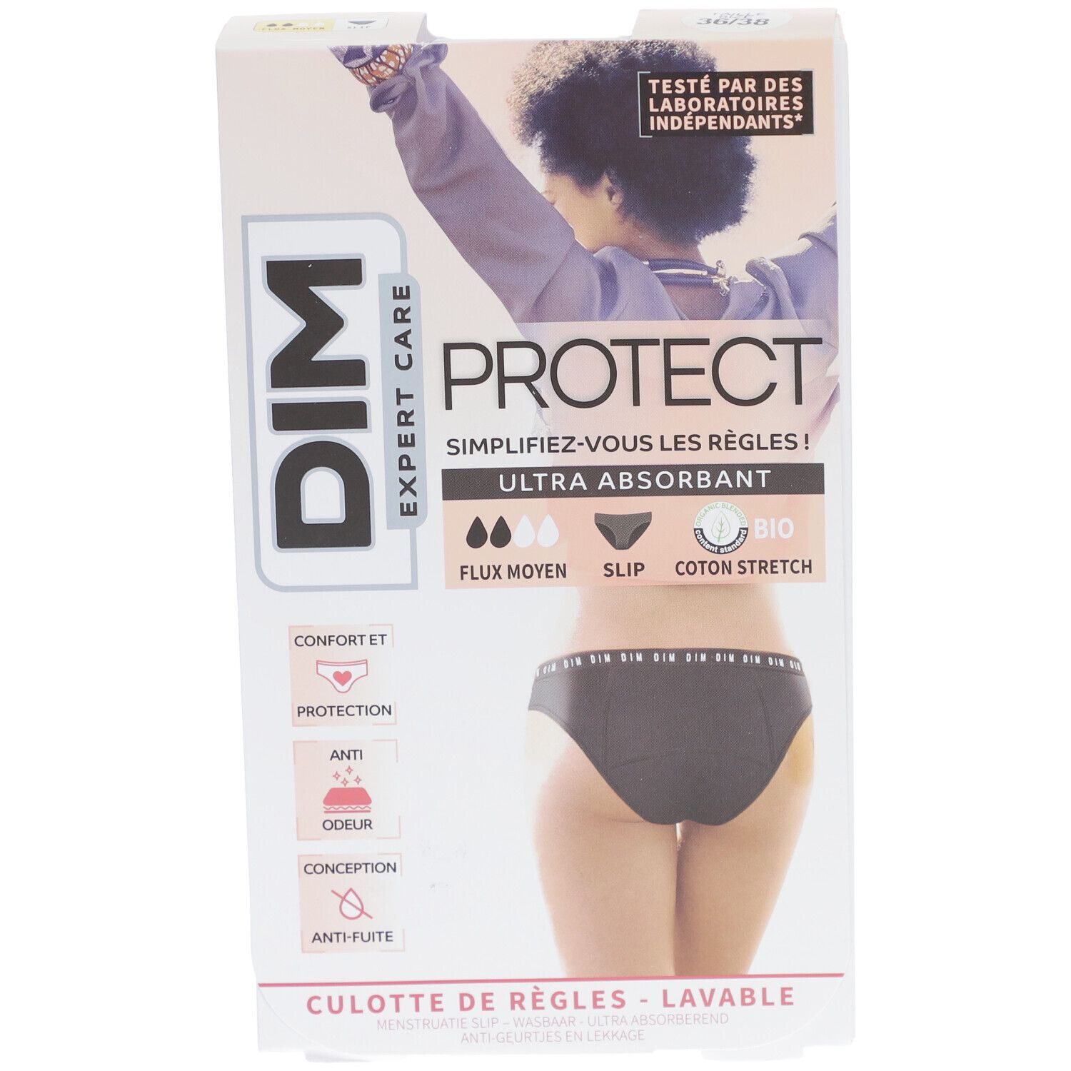 DIM Protect Culotte de règles Lavable - Slip - Coton bio - Flux Moyen - 36/38
