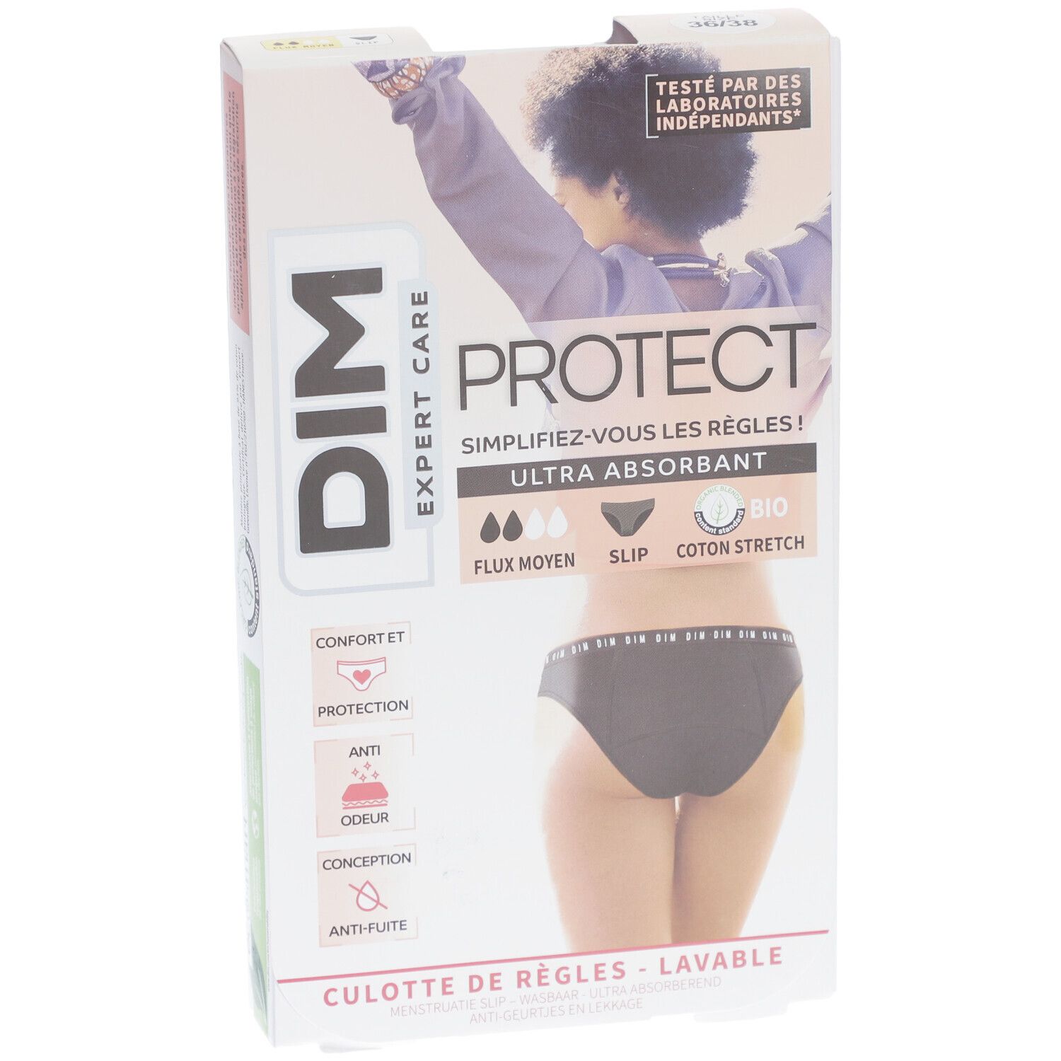 DIM Protect Culotte de règles Lavable - Slip - Coton bio - Flux Moyen - 36/38