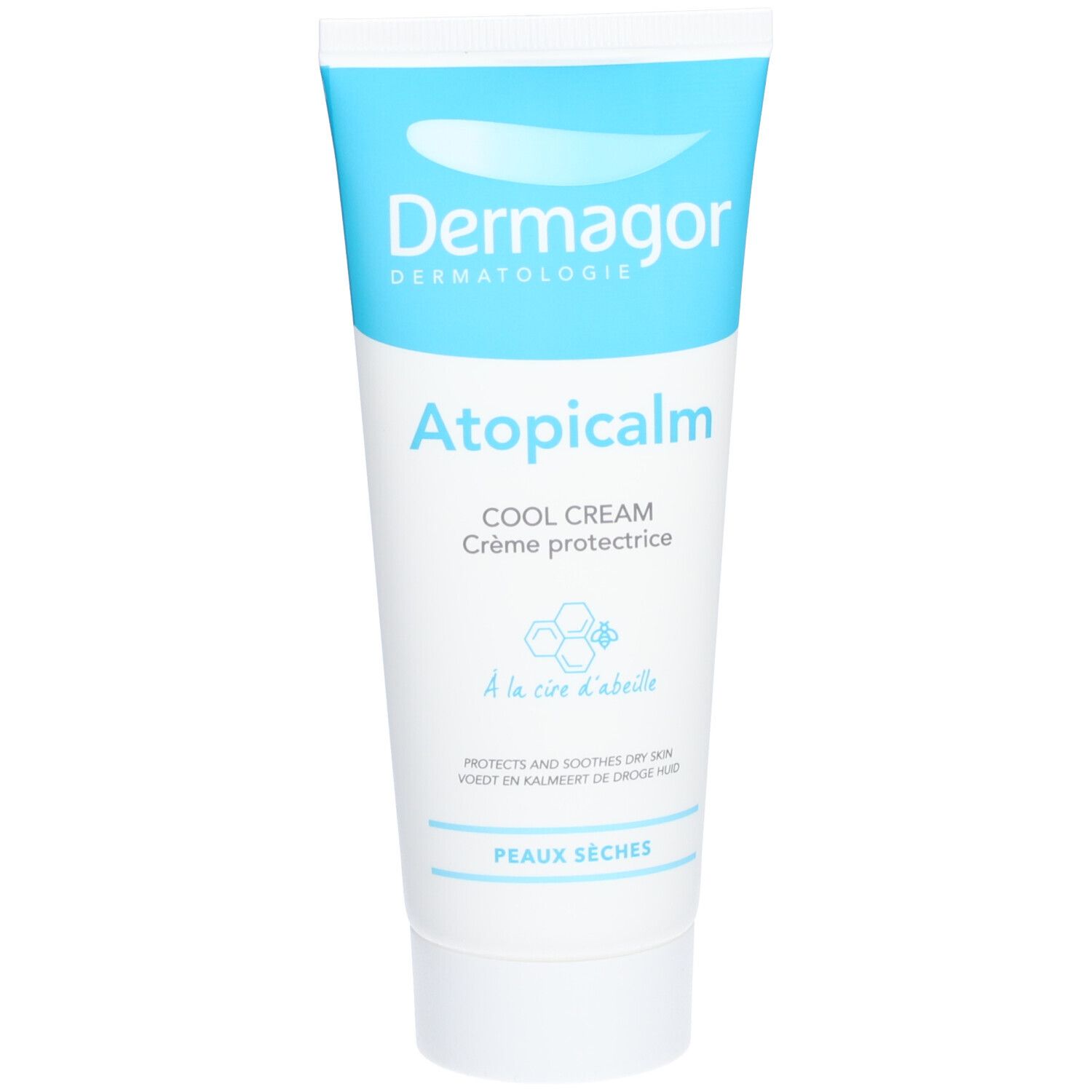 Tube de crème blanc et bleu. Inscriptions: Dermagor, Atopicalm Cool Cream, Crème protectrice. Symbole en nid d'abeille.