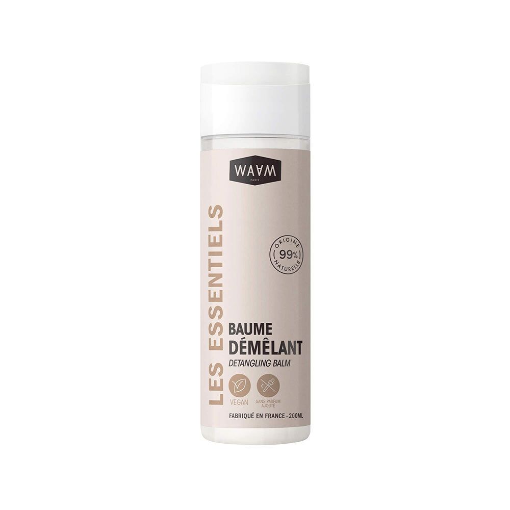 Flacon de Baume Démêlant WAJM, 99% d'ingrédients naturels, vegan, fabriqué en France.