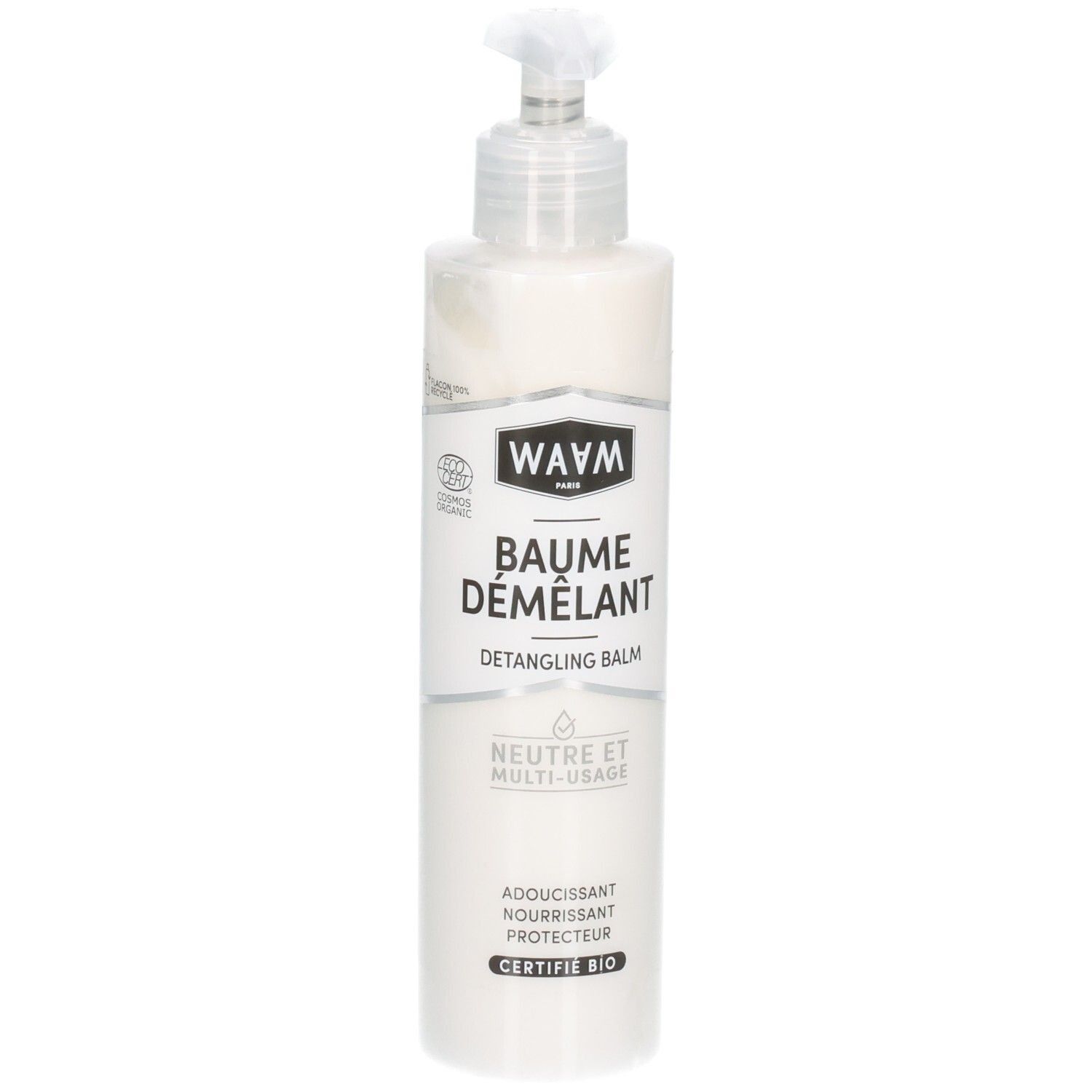 WAVM Paris Baume Démêlant dans un flacon pompe blanc. "BAUME DÉMÊLANT" et "CERTIFIÉ BIO" sont visibles.