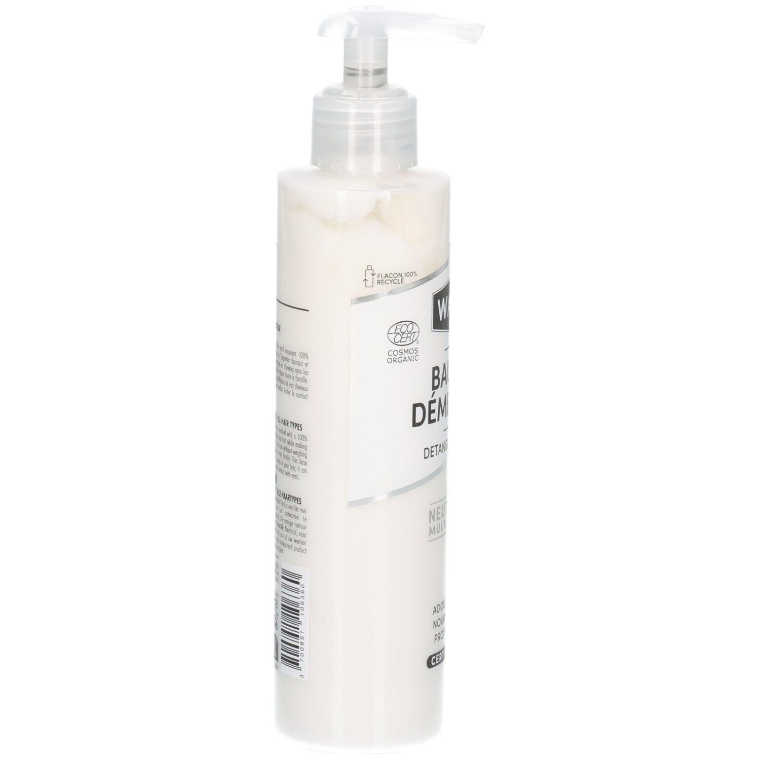 Flacon pompe blanc avec étiquette, label COSMOS ORGANIC et inscription 'BADE DEMAKILLANT'.