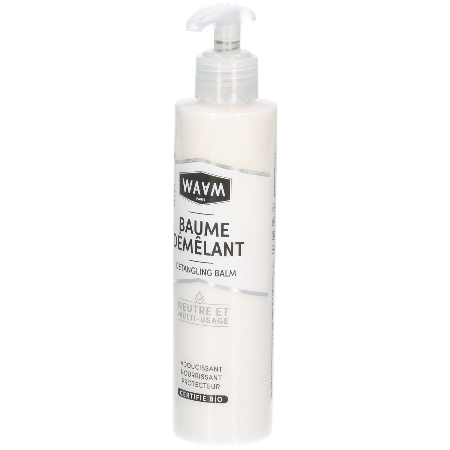 Flacon de Baume Démêlant WAYM avec pompe. Blanc avec étiquette noire. Sceau "Certifié Bio".