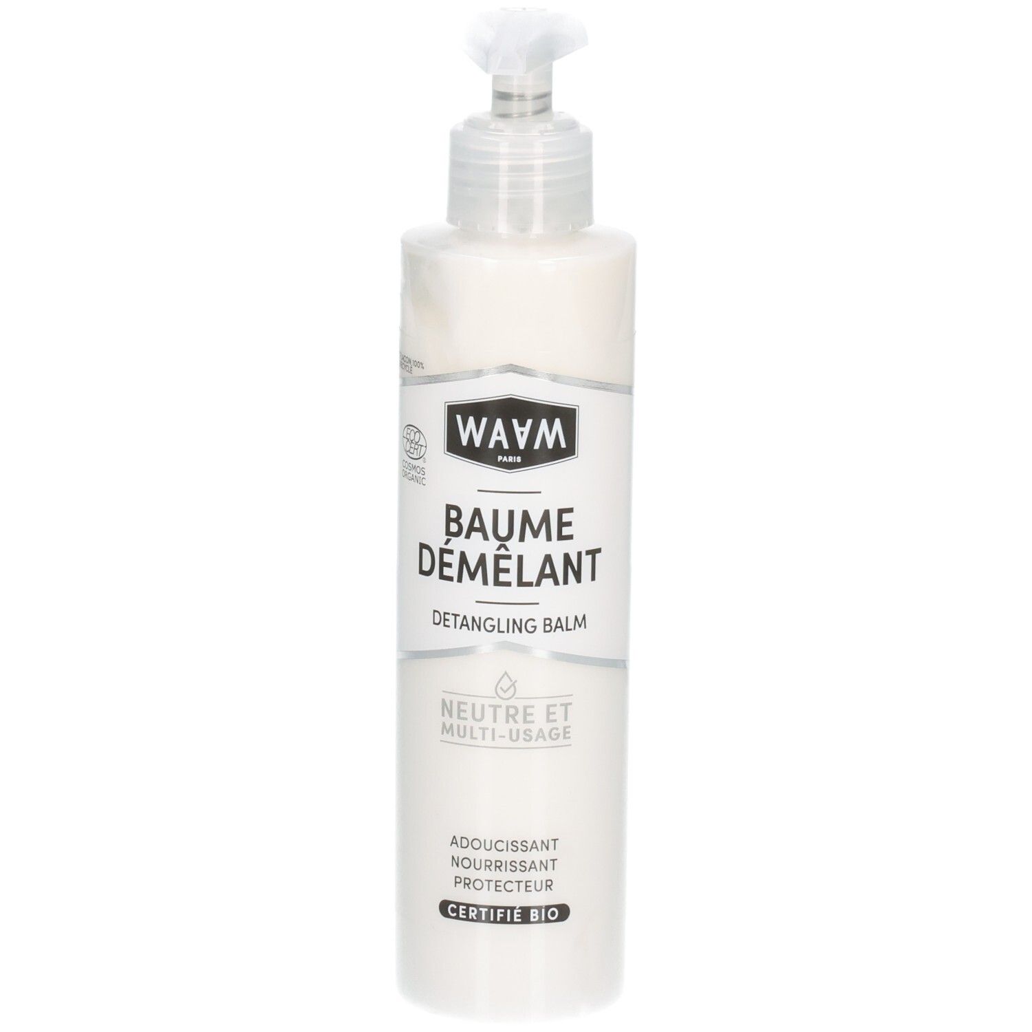 WAVM Baume Démêlant en flacon pompe blanc. "BAUME DÉMÊLANT" et "CERTIFIÉ BIO" sont visibles.