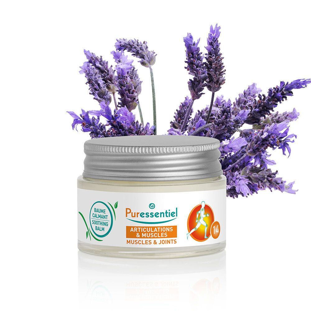 Pot met lavendel takken. Opschrift: Puressentiel, Spieren & Gewrichten, verzachtende balsem. 14 essentiële oliën.