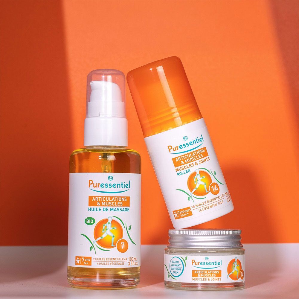 Drie producten. Opschrift: Puressentiel, Spieren & Gewrichten, verzachtende balsem. 14 essentiële oliën. Bio massageolie.