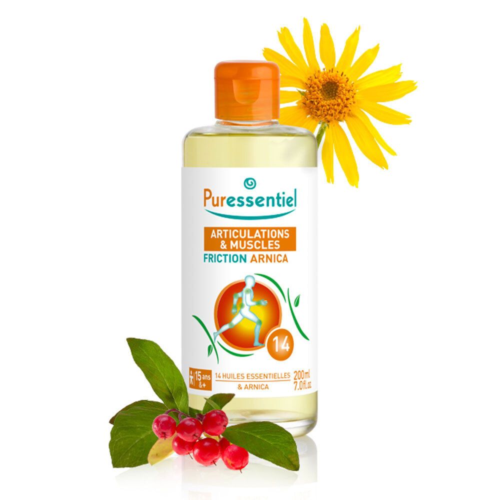 Fles Puressentiel Friction Arnica. Opschrift: Articulations & Muscles. Versierd met gele bloem en rode bessen. 200ml.
