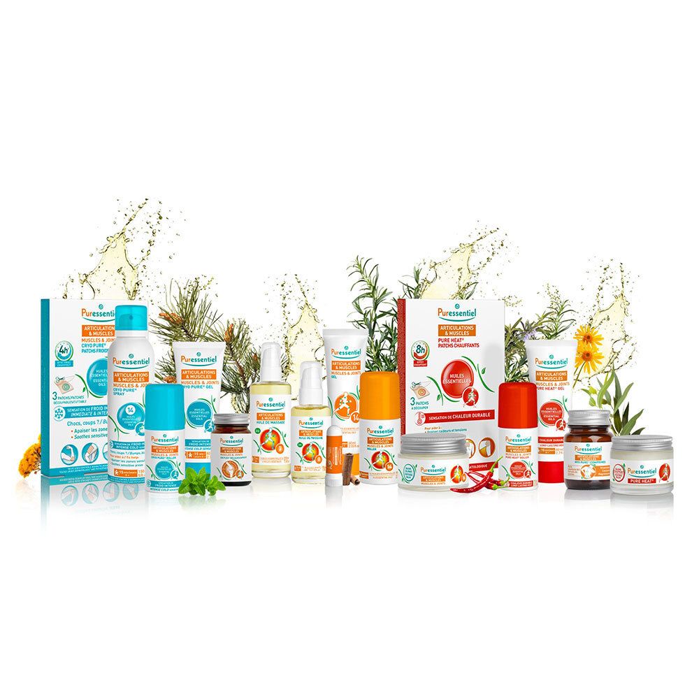 Verschillende producten van Puressentiel. Verschillende vormen en maten. Opschrift: Puressentiel. Groen-wit-oranje design.