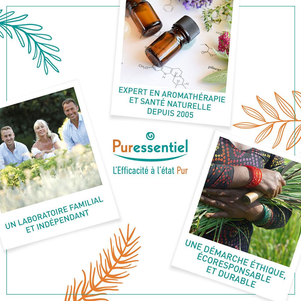 Puressentiel logo en afbeeldingen van etherische oliën, familie en ethische inkoop.