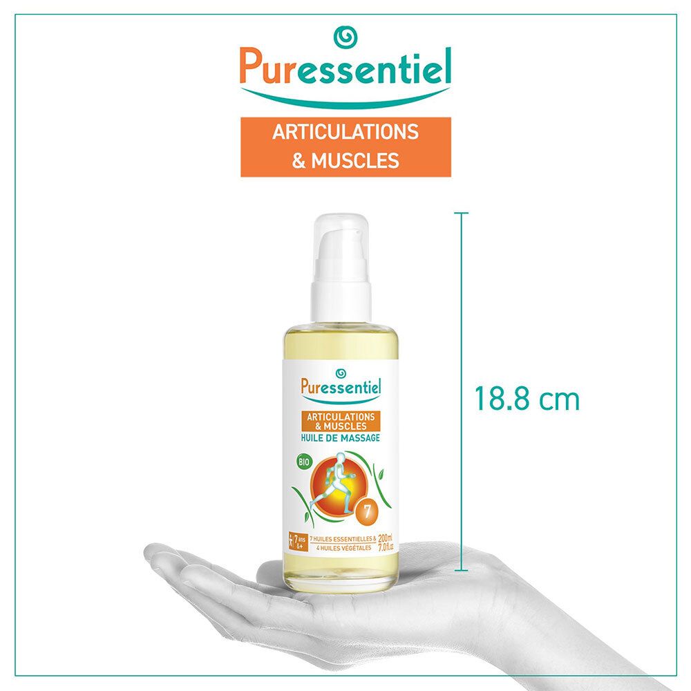 Puressentiel BIO Massageolie Gewrichten & Spieren, 100ml fles, hoogte 18.8 cm.