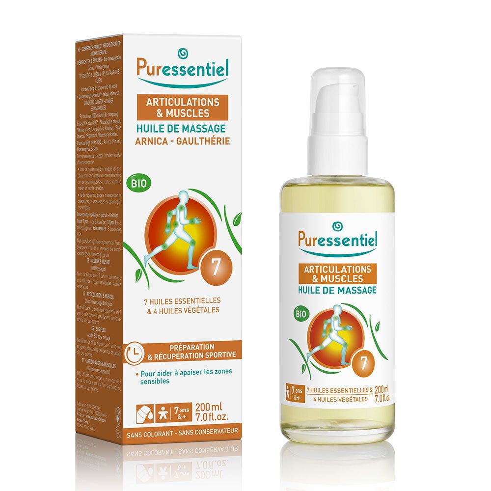 Fles en verpakking van Puressentiel BIO massageolie. Opschrift: Articulations & Muscles, Huile de massage, Arnica - Gaulthérie.