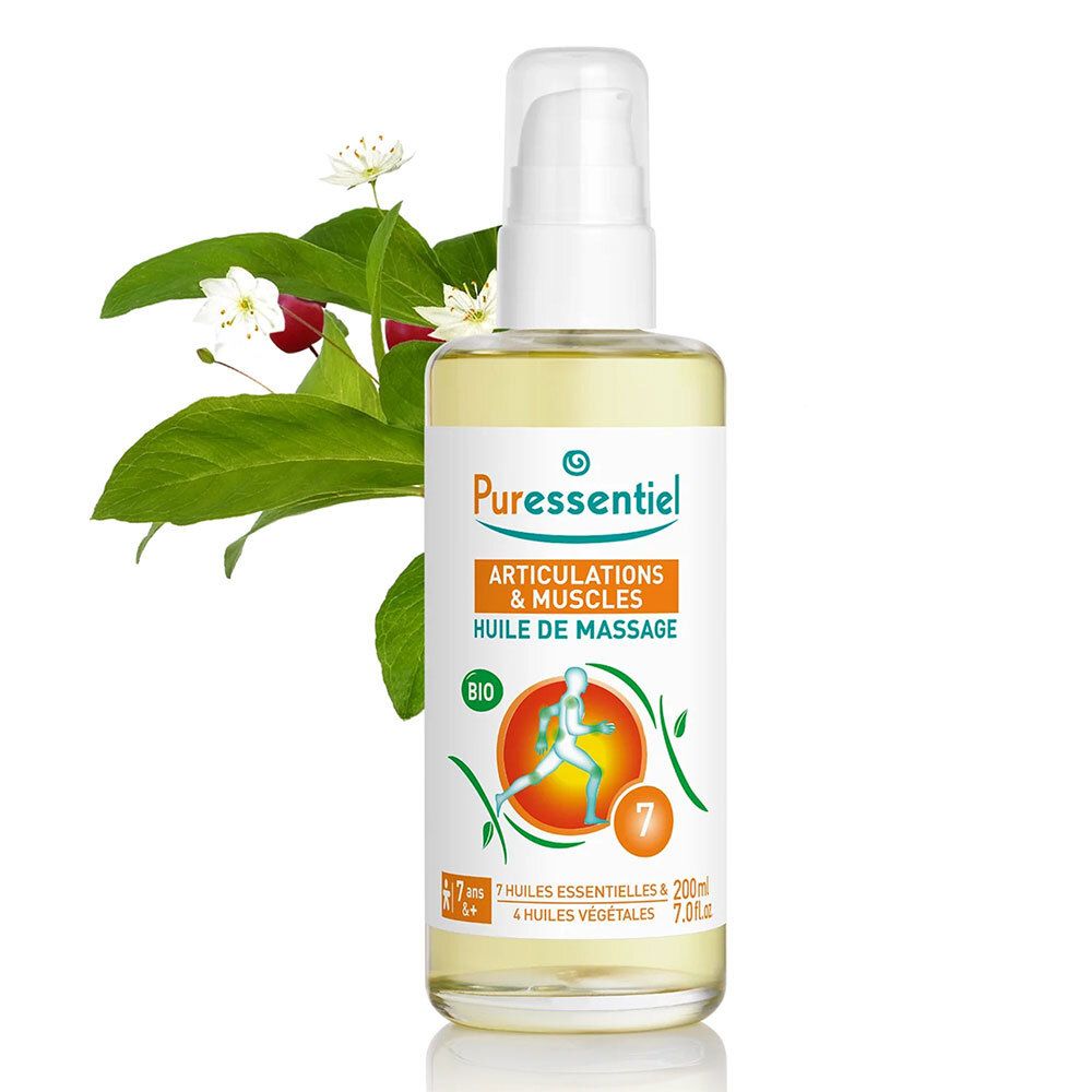 Fles Puressentiel BIO massageolie met bloesemtak. Opschrift: Articulations & Muscles, Huile de massage, Arnica - Gaulthérie.