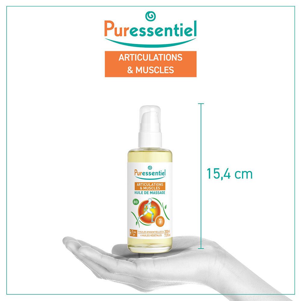 Puressentiel BIO Huile de massage Muscles & Articulations, 200ml, tenue en main, hauteur 15,4 cm.