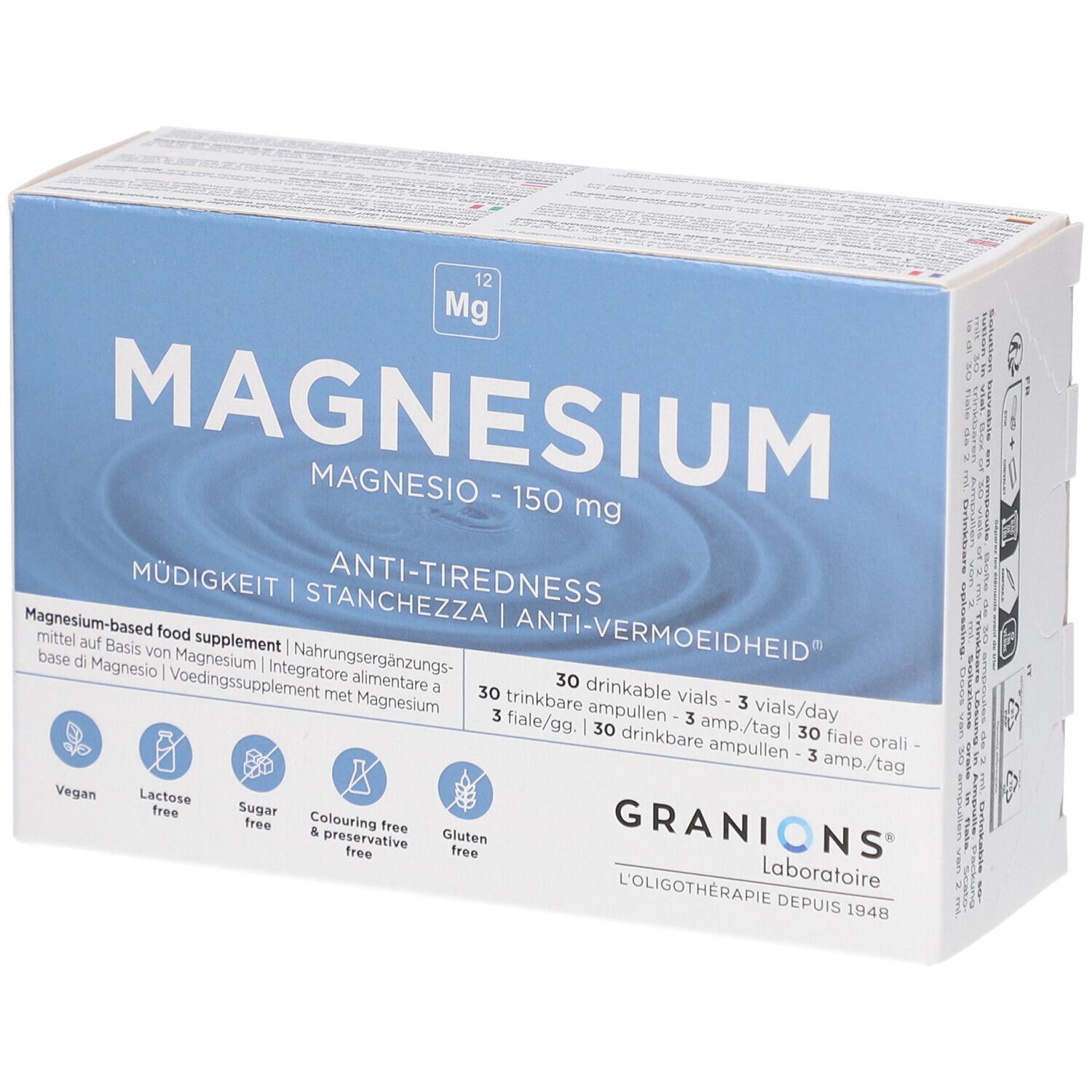 Boîte de GRANIONS Magnésium. Emballage bleu et blanc. Contient 30 ampoules. Inscription : Anti-fatigue. Vegan, sans lactose, sans sucre, sans colorant ni conservateur, sans gluten.