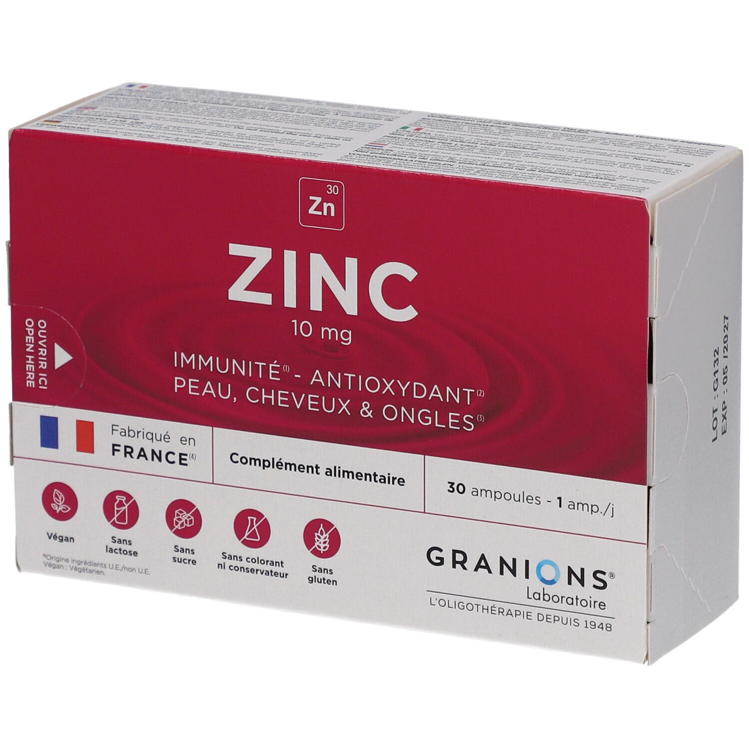 Boîte de GRANIONS Zinc 10 mg, 30 ampoules buvables. Pour l'immunité, antioxydant, peau, cheveux & ongles.