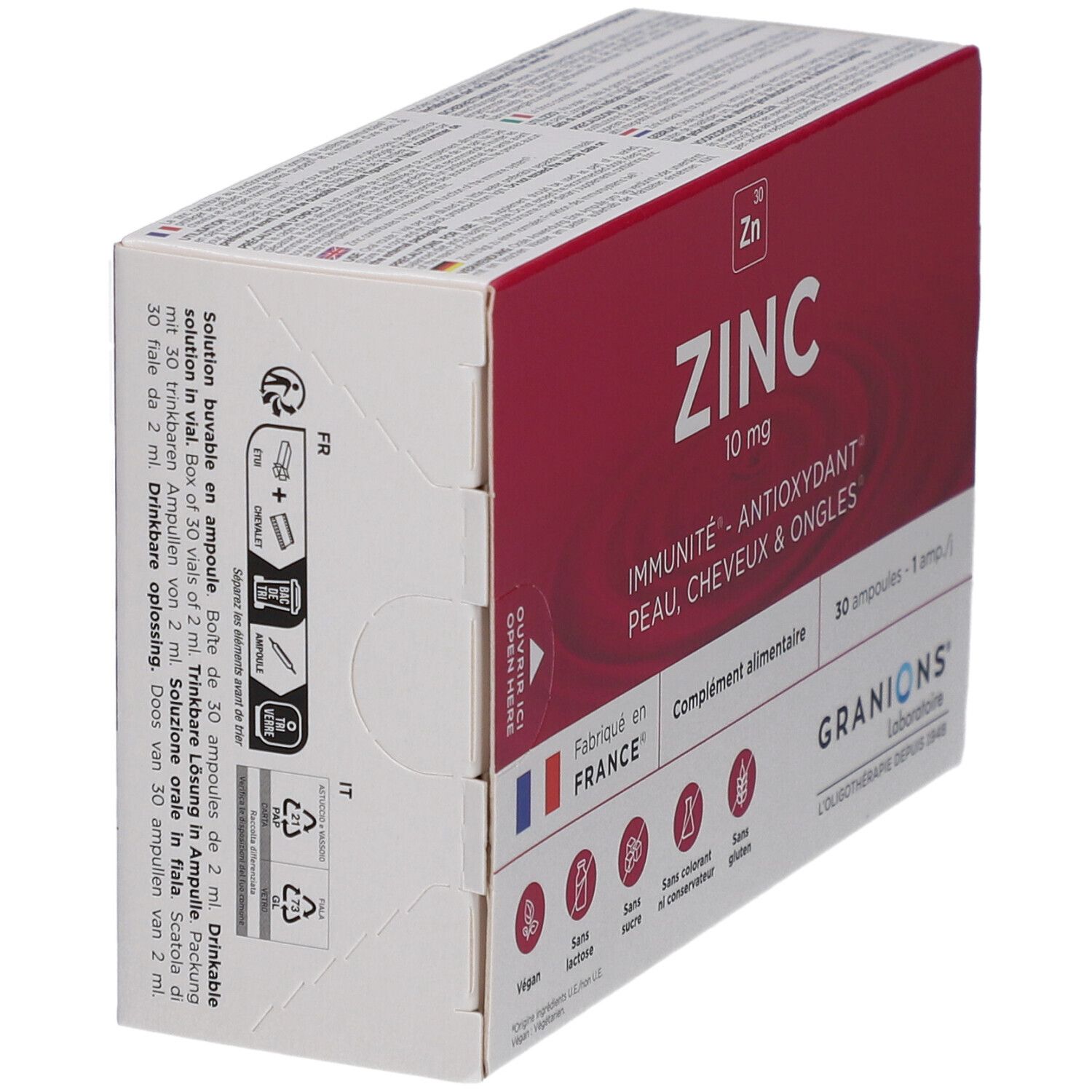 Vue latérale de la boîte GRANIONS Zinc 10 mg, 30 ampoules buvables. Fabriqué en France.