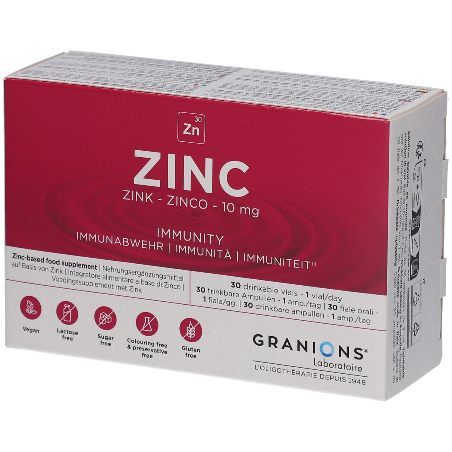 Boîte de GRANIONS Zinc 10 mg, 30 ampoules buvables. Pour l'immunité. Vegan, sans lactose, sucre, colorant, gluten.