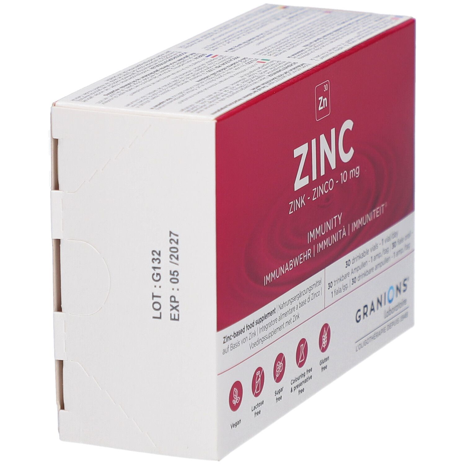 Vue latérale de la boîte GRANIONS Zinc 10 mg. Contient numéro de lot et date d'expiration.