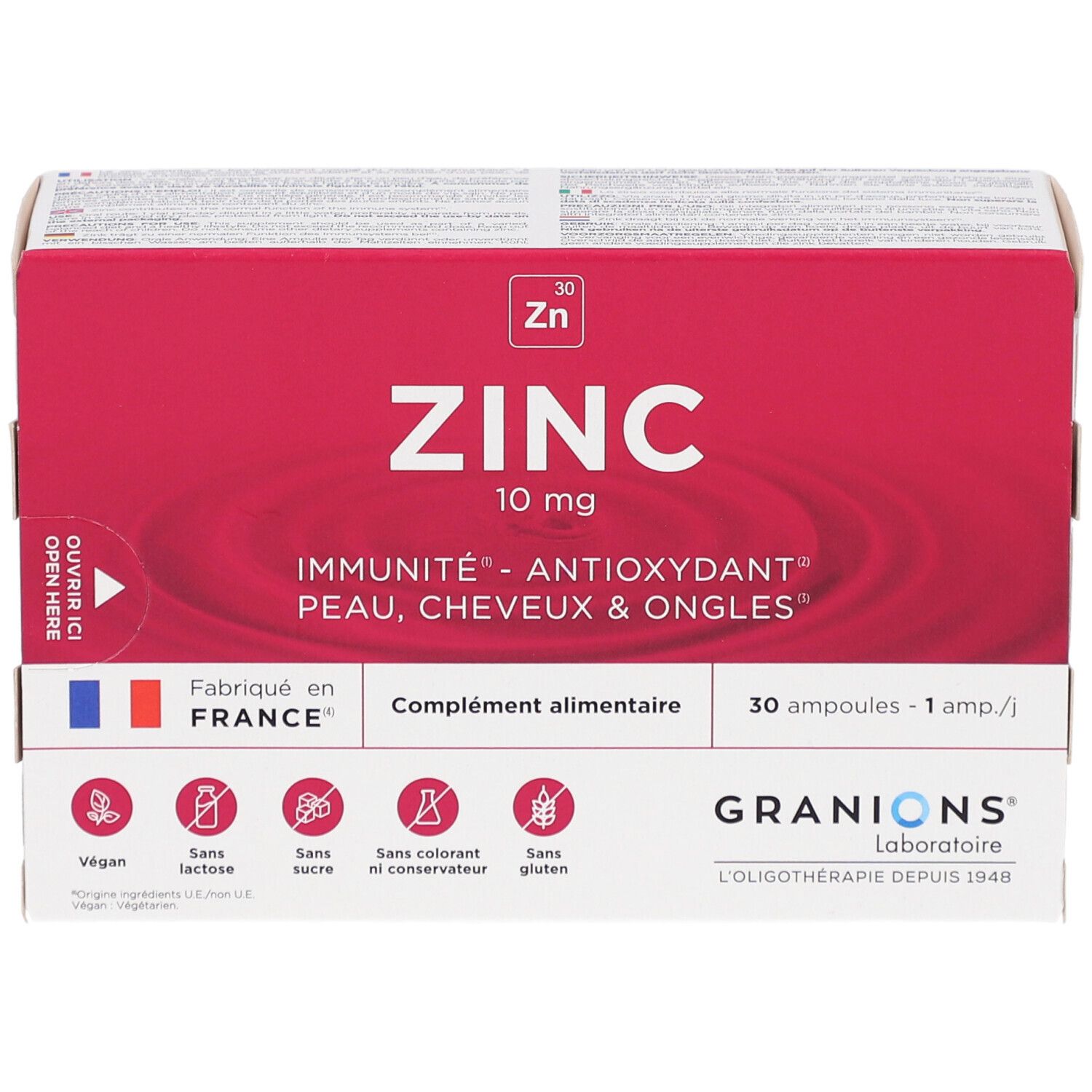 Face avant de la boîte GRANIONS Zinc 10 mg, 30 ampoules buvables. Pour l'immunité, antioxydant, peau, cheveux & ongles.