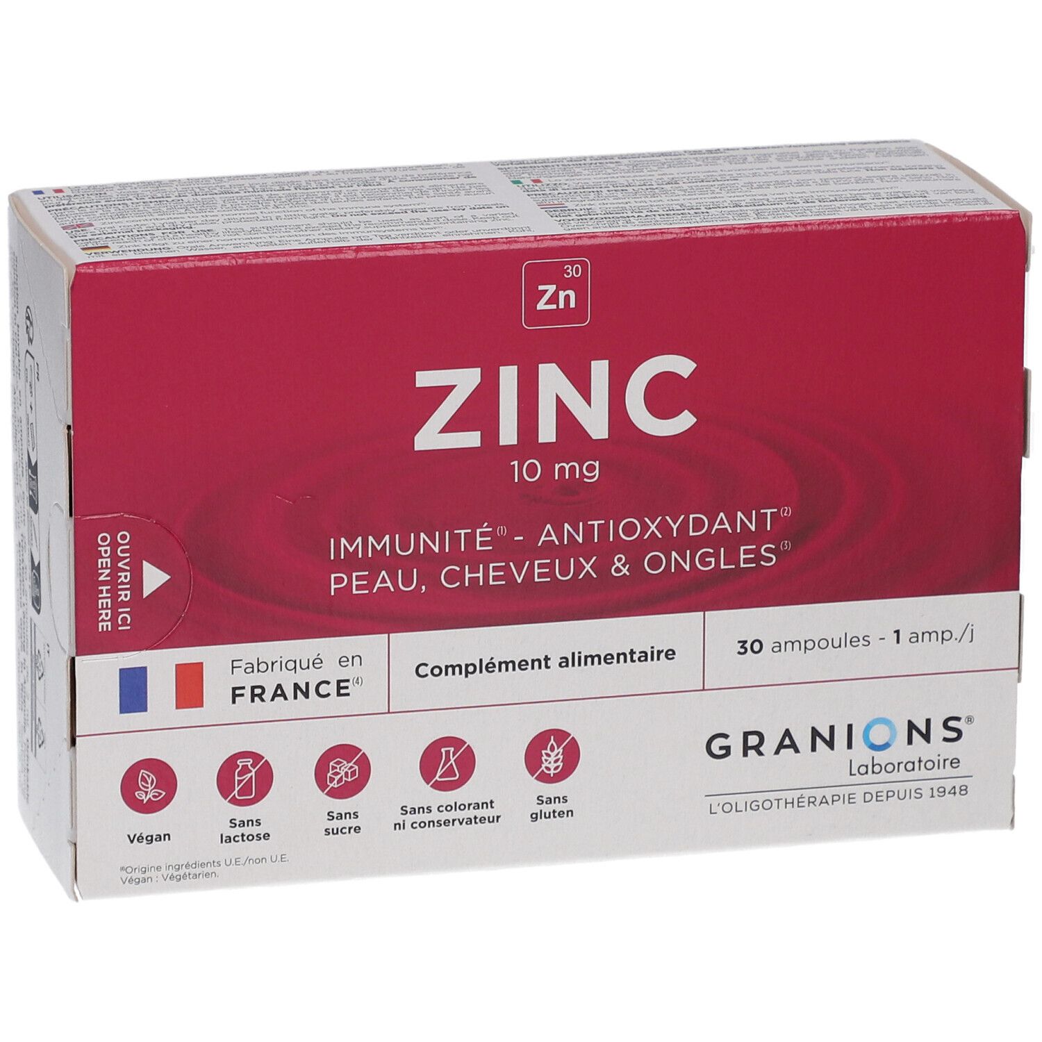 Boîte GRANIONS Zinc 10 mg, 30 ampoules buvables. Fabriqué en France. Vegan, sans lactose, sucre, colorant, gluten.