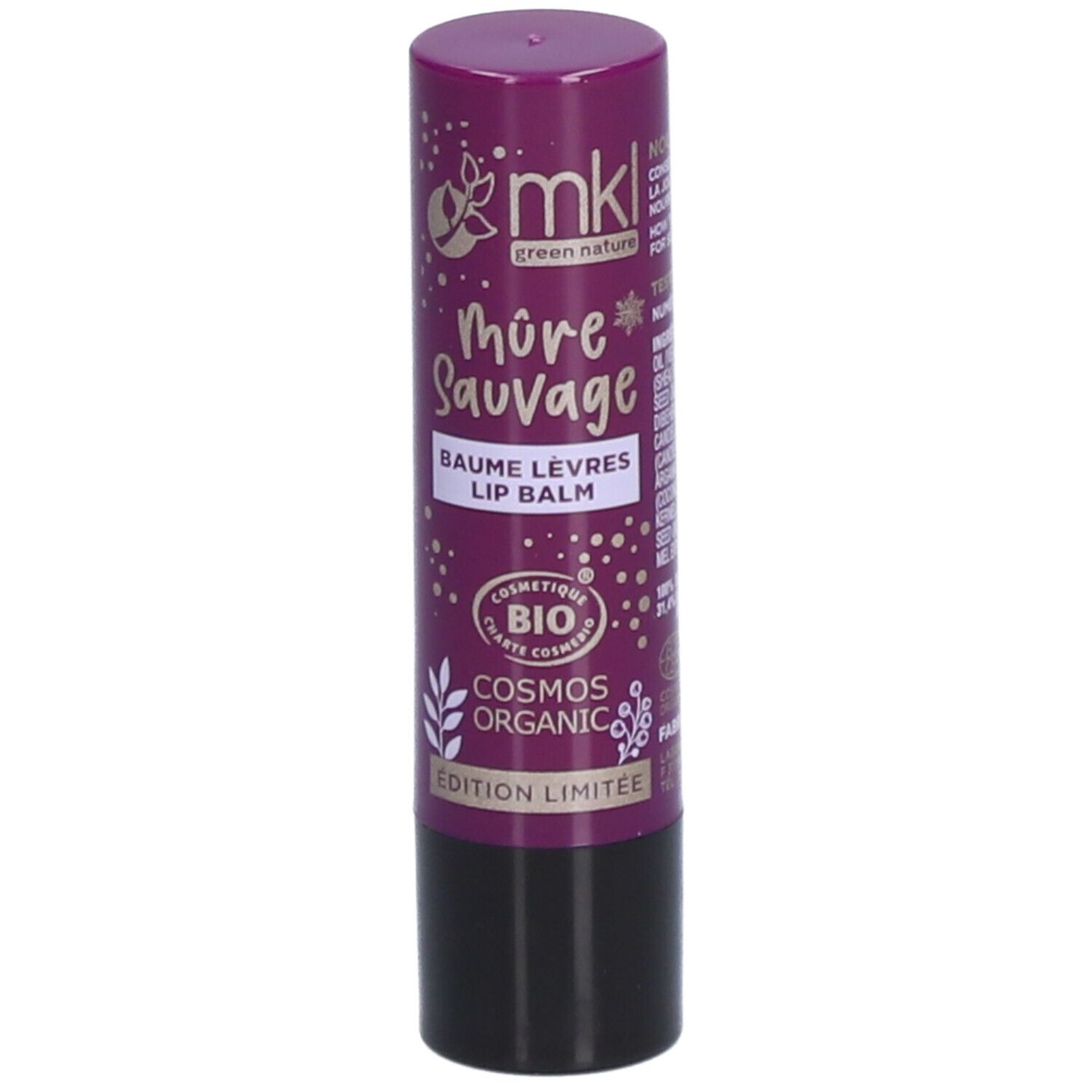 Lippenbalsemstift, paars en zwart. Opschrift: Mûre Sauvage, Baume Lèvres, Lip Balm. Bio-certificering.