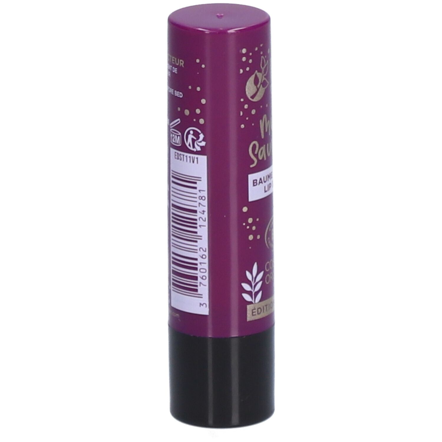 Lippenbalsemstift, paars en zwart. Streepjescode en tekst op de achterkant. Edition Limitée.