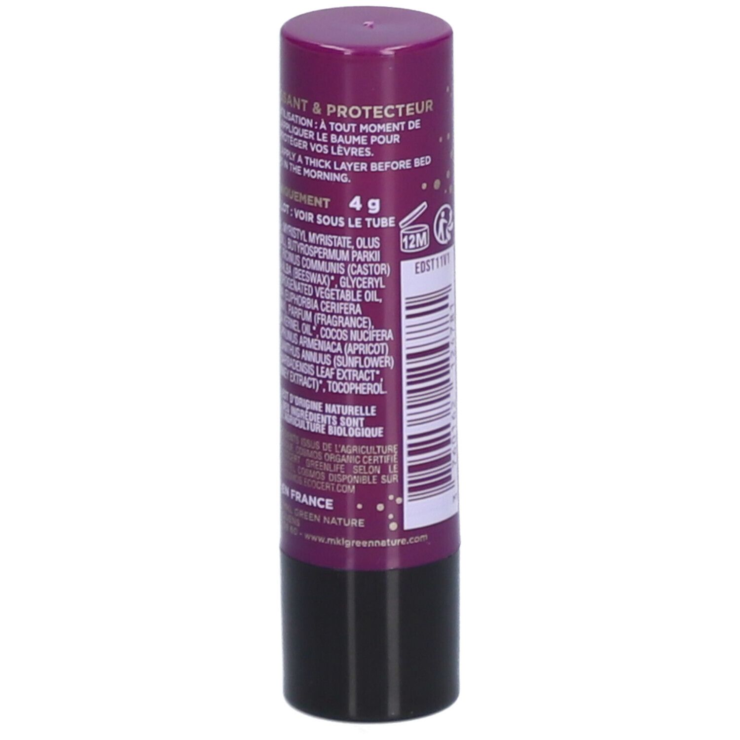 Lippenbalsemstift, paars en zwart. Achterkant met ingrediënten en informatie. 4g.