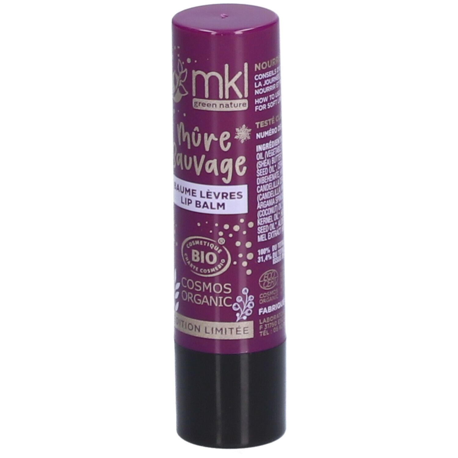 Lippenbalsemstift, paars en zwart. Opschrift: Mûre Sauvage, Baume Lèvres, Lip Balm. Bio-certificering.