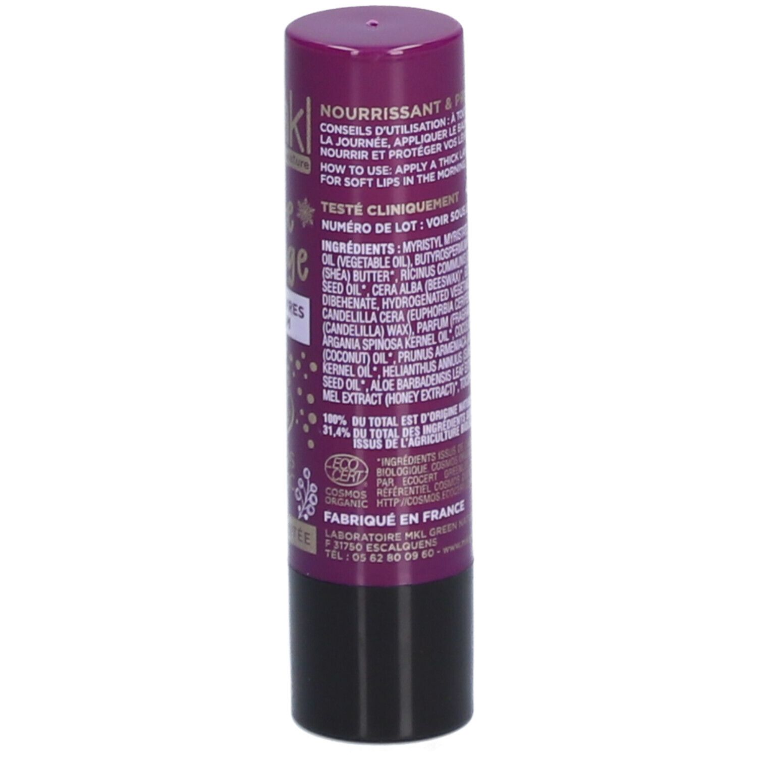 Lippenbalsemstift, paars en zwart. Achterkant met gebruiksaanwijzingen en ingrediënten.