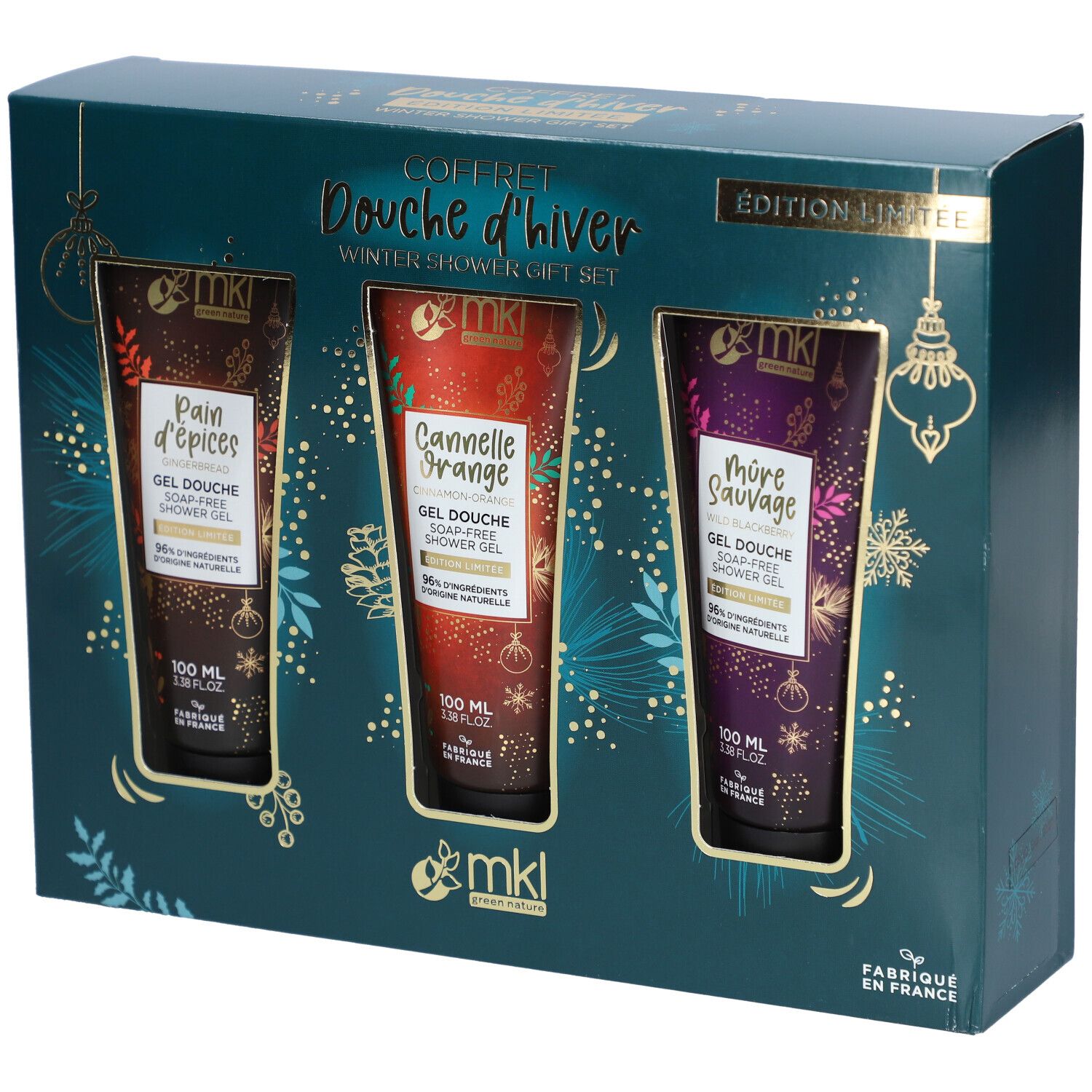 Geschenkverpakking met drie douchegels in een doos. Elke gel heeft een andere kleur en tekst. De verpakking is donkerblauw met gouden accenten.