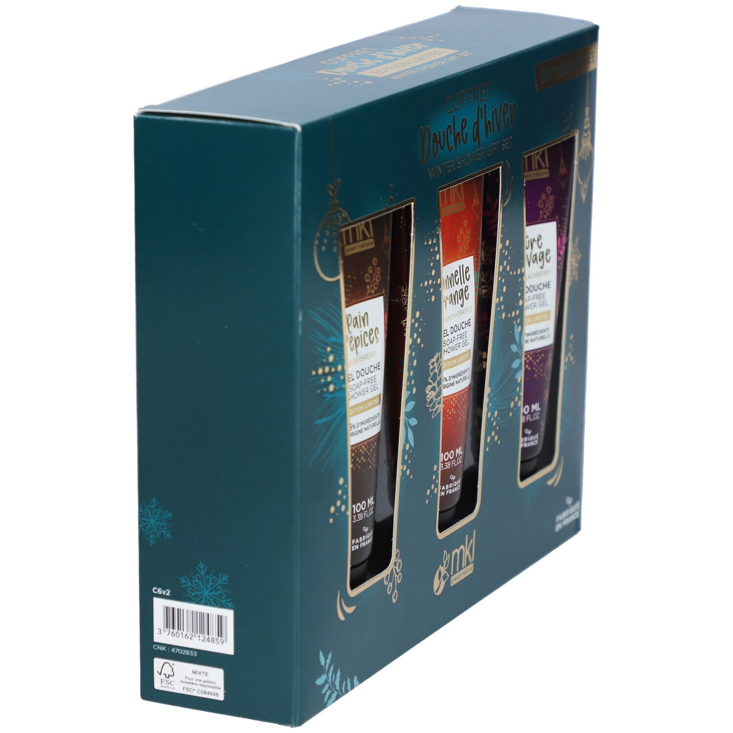 Donkerblauwe geschenkdoos met drie douchegels. De doos is schuin van de zijkant gefotografeerd. Op de zijkant is een barcode en het FSC-logo te zien.