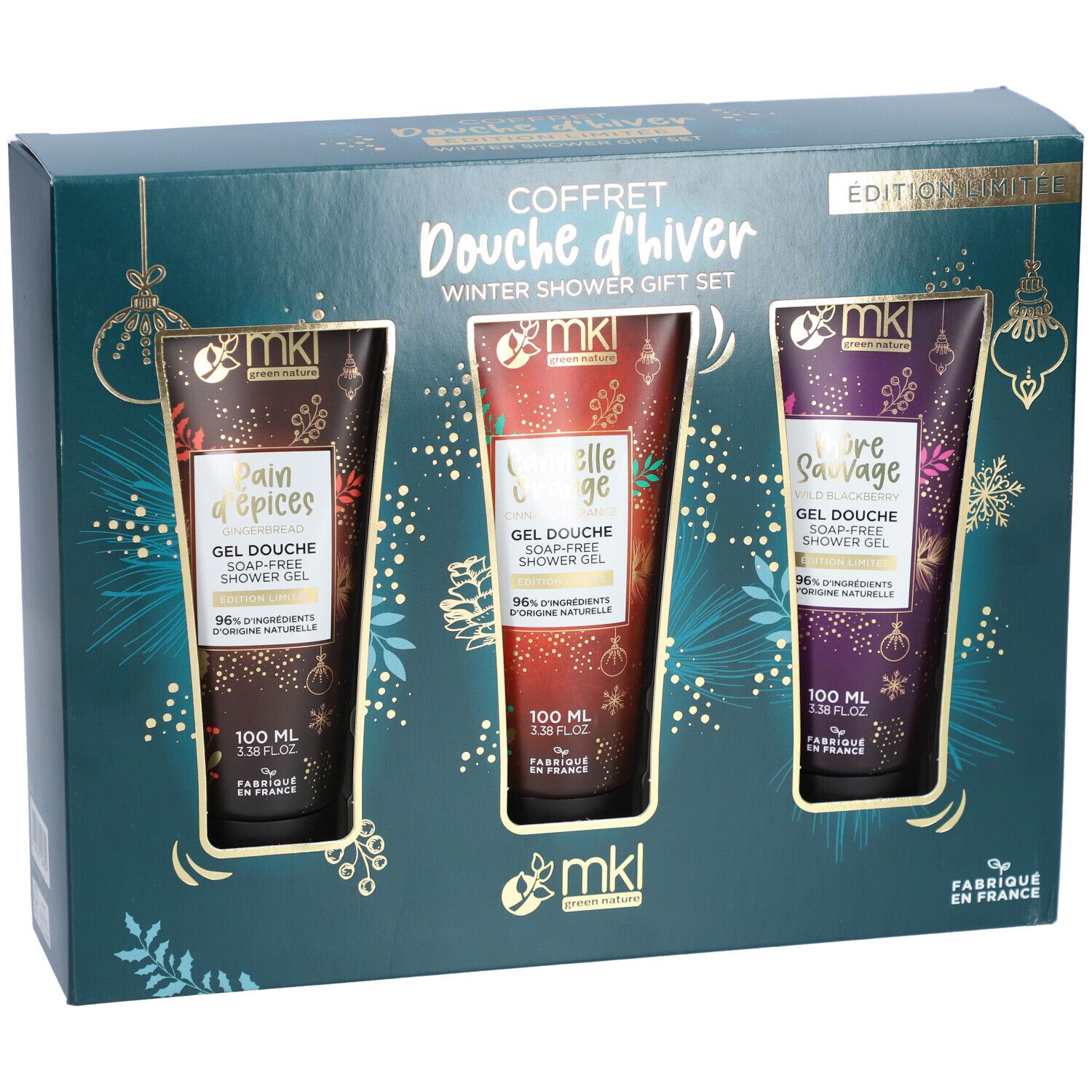 Geschenkverpakking met drie douchegels in een doos. Elke gel heeft een andere kleur en tekst. De verpakking is donkerblauw met gouden accenten.