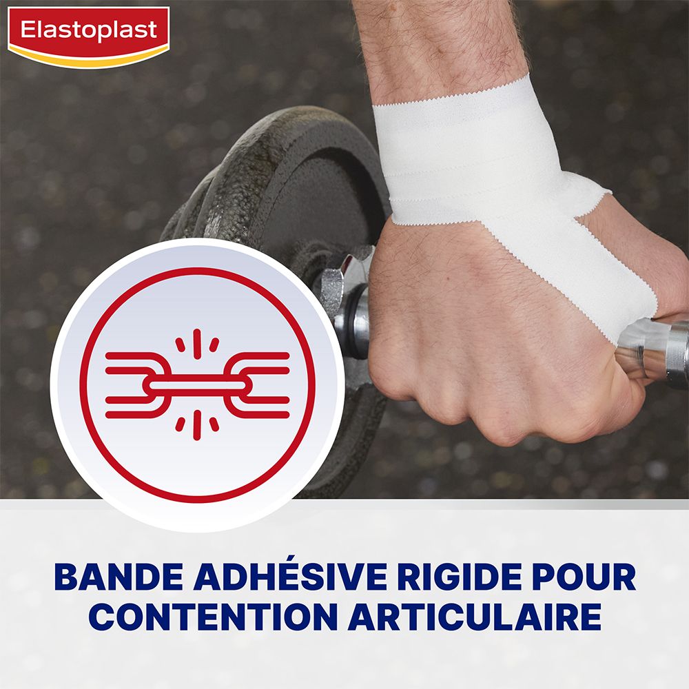 Elastoplast Rigid Strap sur poignet d'homme. Texte: Bande adhésive rigide pour contention articulaire.