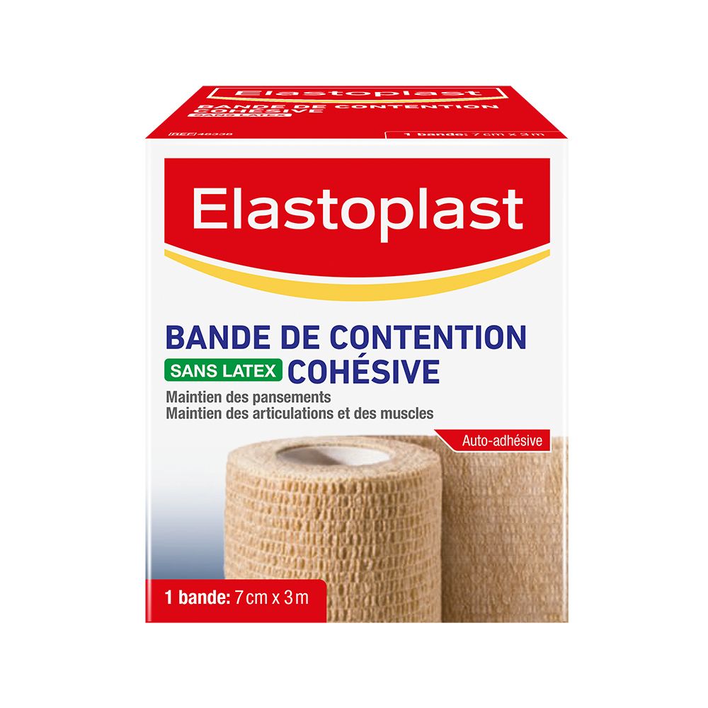 Elastoplast cohesieve bandage zonder latex in doos. Beige, zelfklevende bandage. Afmetingen: 7cm x 3m. Voor verbanden en gewrichten.