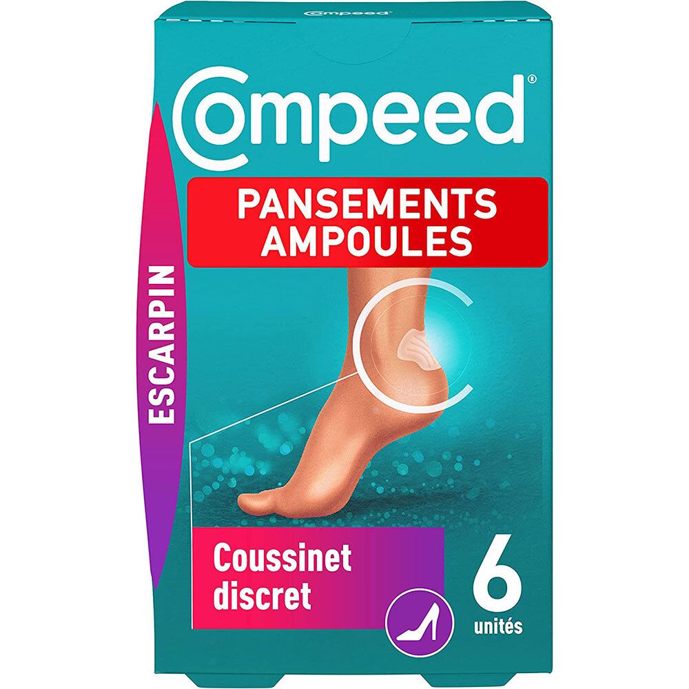 Boîte de 6 pansements Compeed Ampoules. Illustration d'un pied avec ampoule. Texte: Coussinet discret, Escarpin.