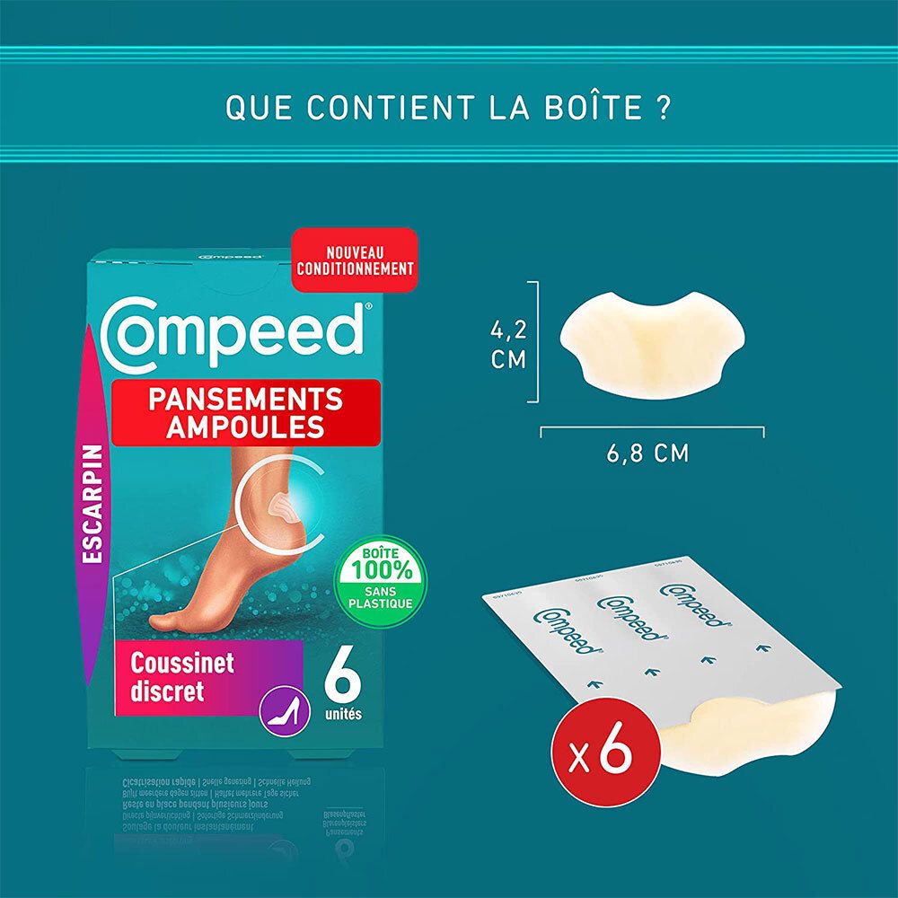 Boîte de 6 pansements et un pansement individuel. Texte: Compeed, Pansements Ampoules. Illustration pied.