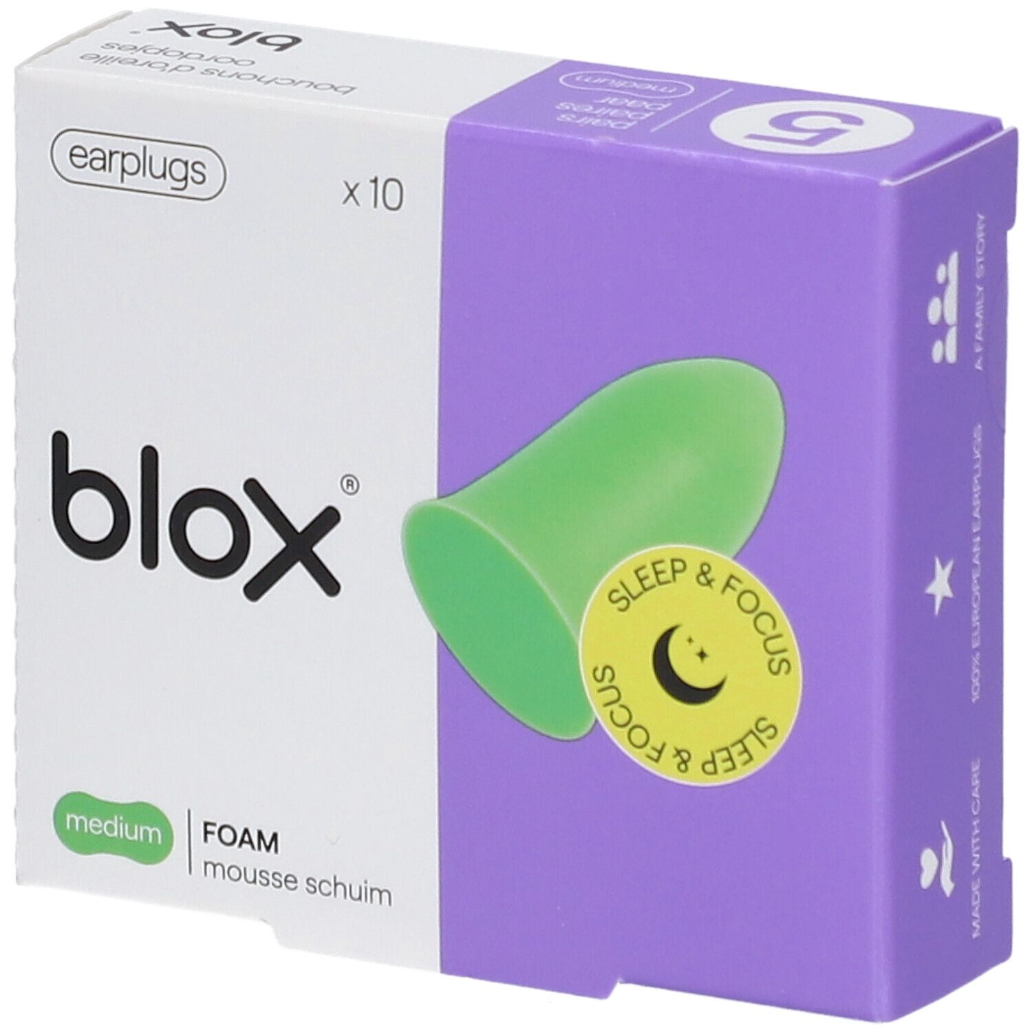 Verpakking met groene blox® oordopjes. Opschrift Sleep & Focus. 10 stuks. Medium.