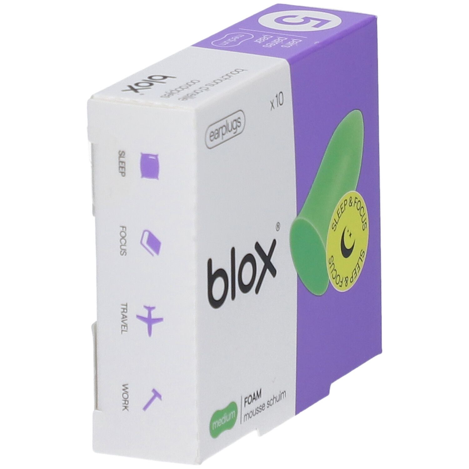 Verpakking met groene blox® oordopjes. Opschrift Sleep & Focus. 10 stuks. Medium.