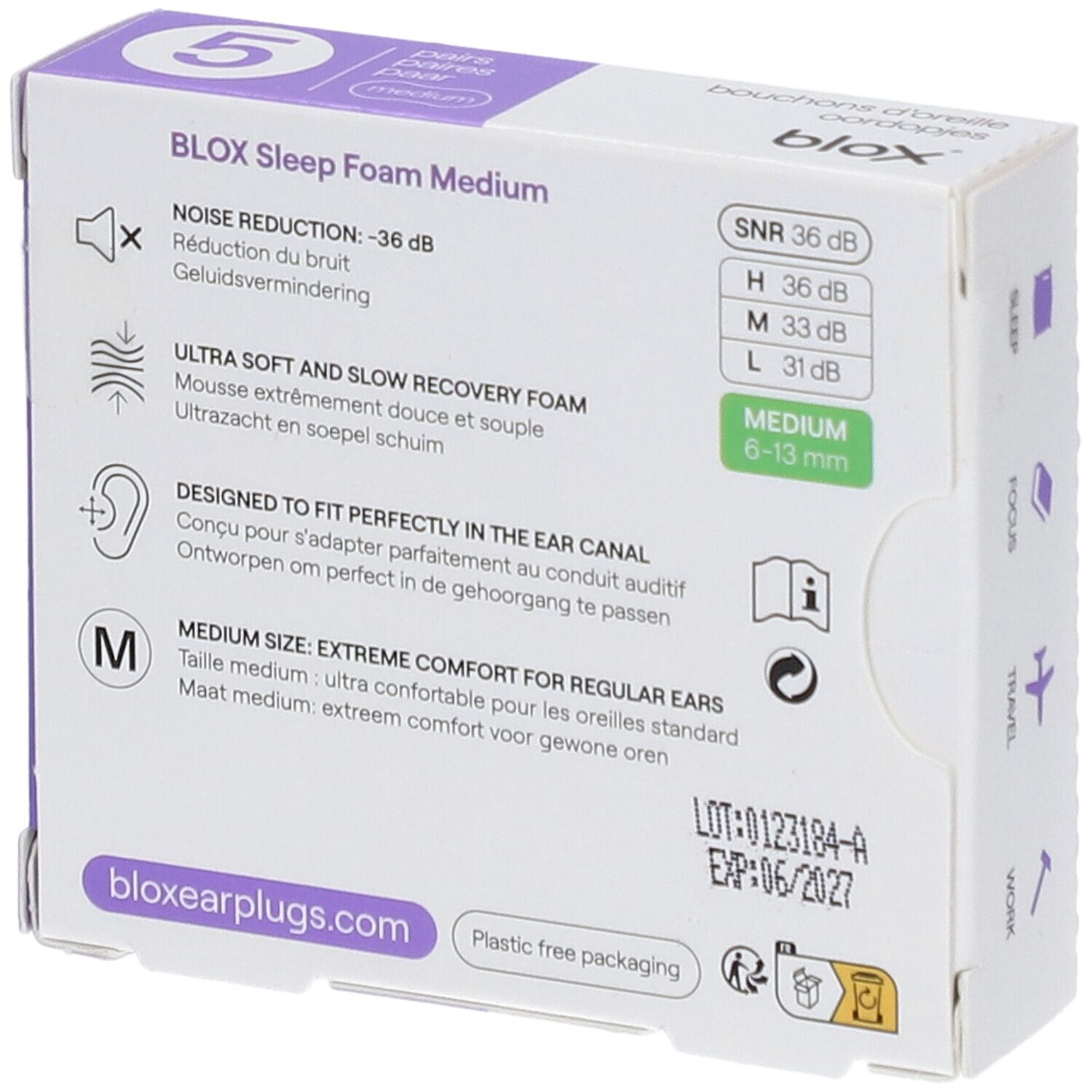 Achterkant van de verpakking met informatie over de blox® oordopjes. Medium maat. SNR 36 dB.