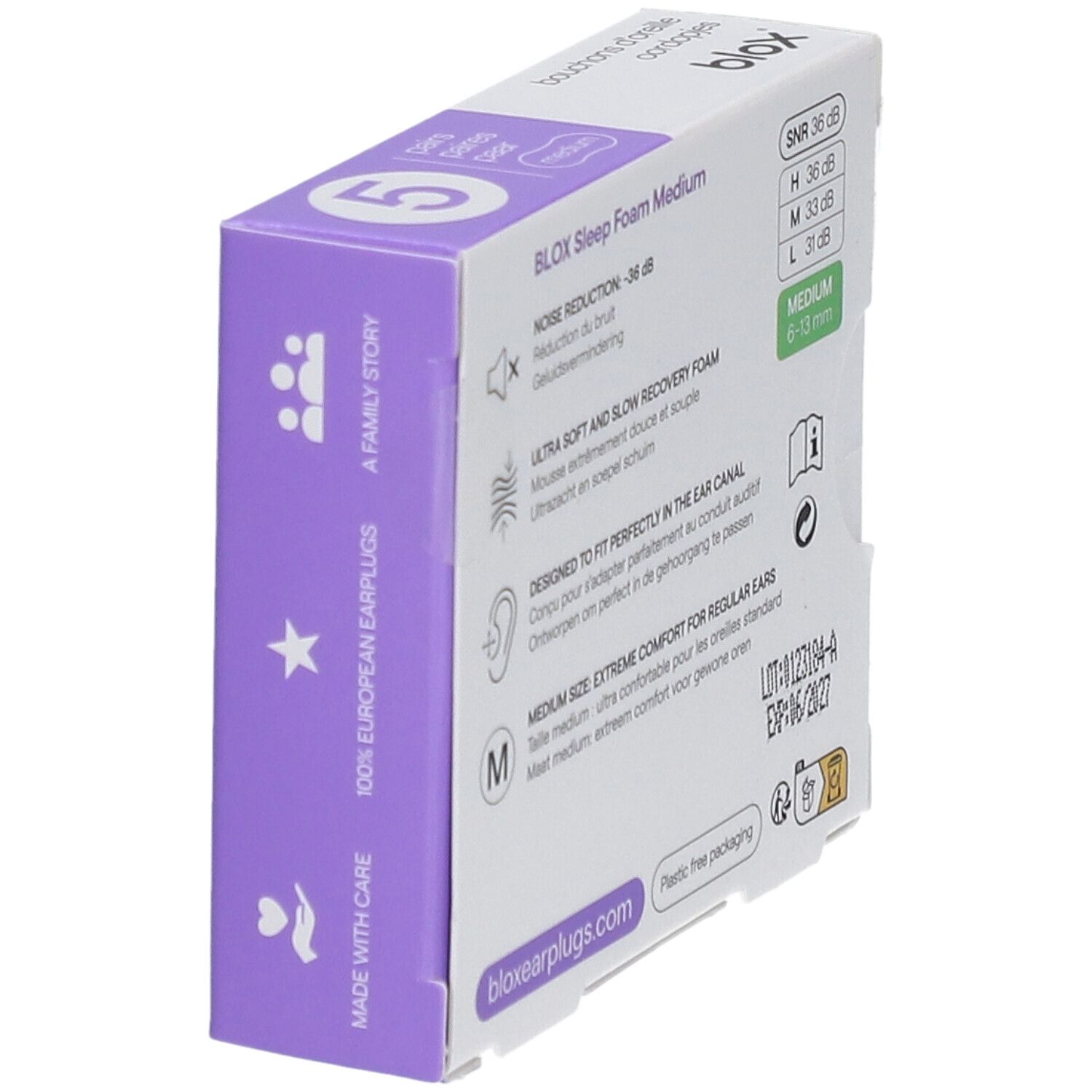 Achterkant van de verpakking met informatie over de blox® oordopjes. Medium maat. SNR 36 dB.