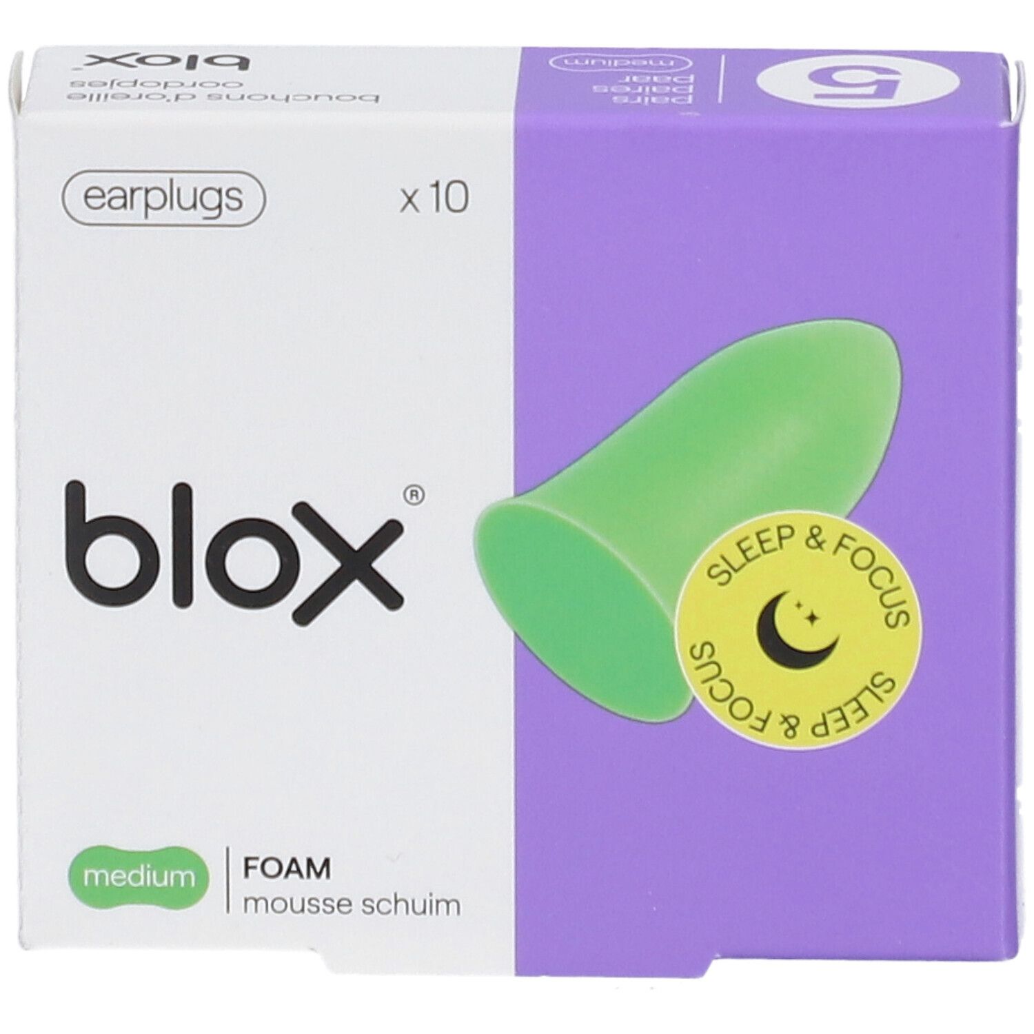 Verpakking met groene blox® oordopjes. Opschrift Sleep & Focus. 10 stuks. Medium.