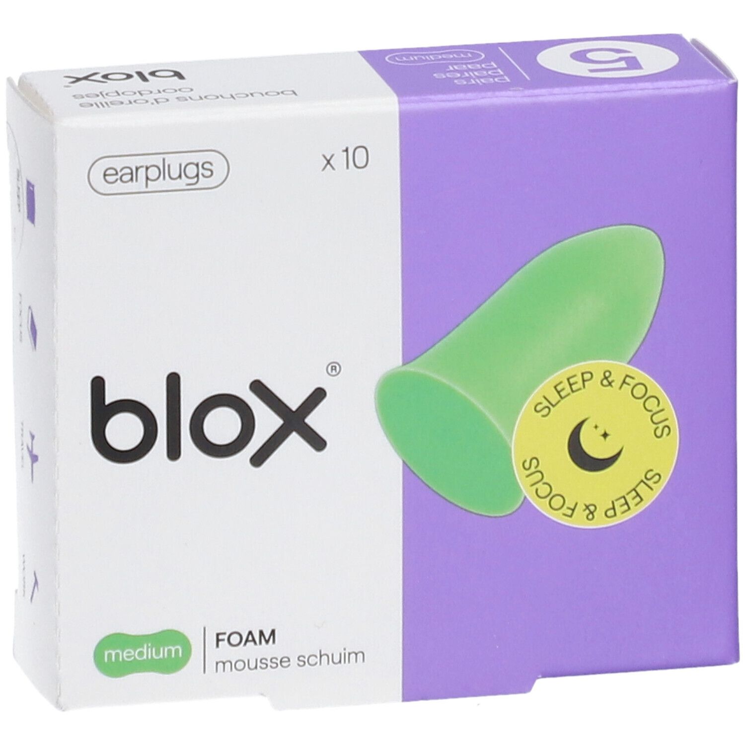 Verpakking met groene blox® oordopjes. Opschrift Sleep & Focus. 10 stuks. Medium.