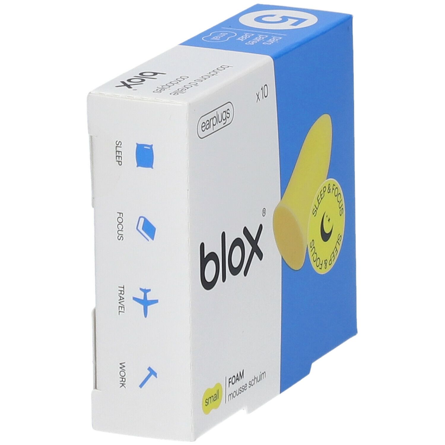 Boîte de bouchons d'oreille blox® jaunes. Inscription : Sleep & Focus, small, FOAM. Côté avec symboles.