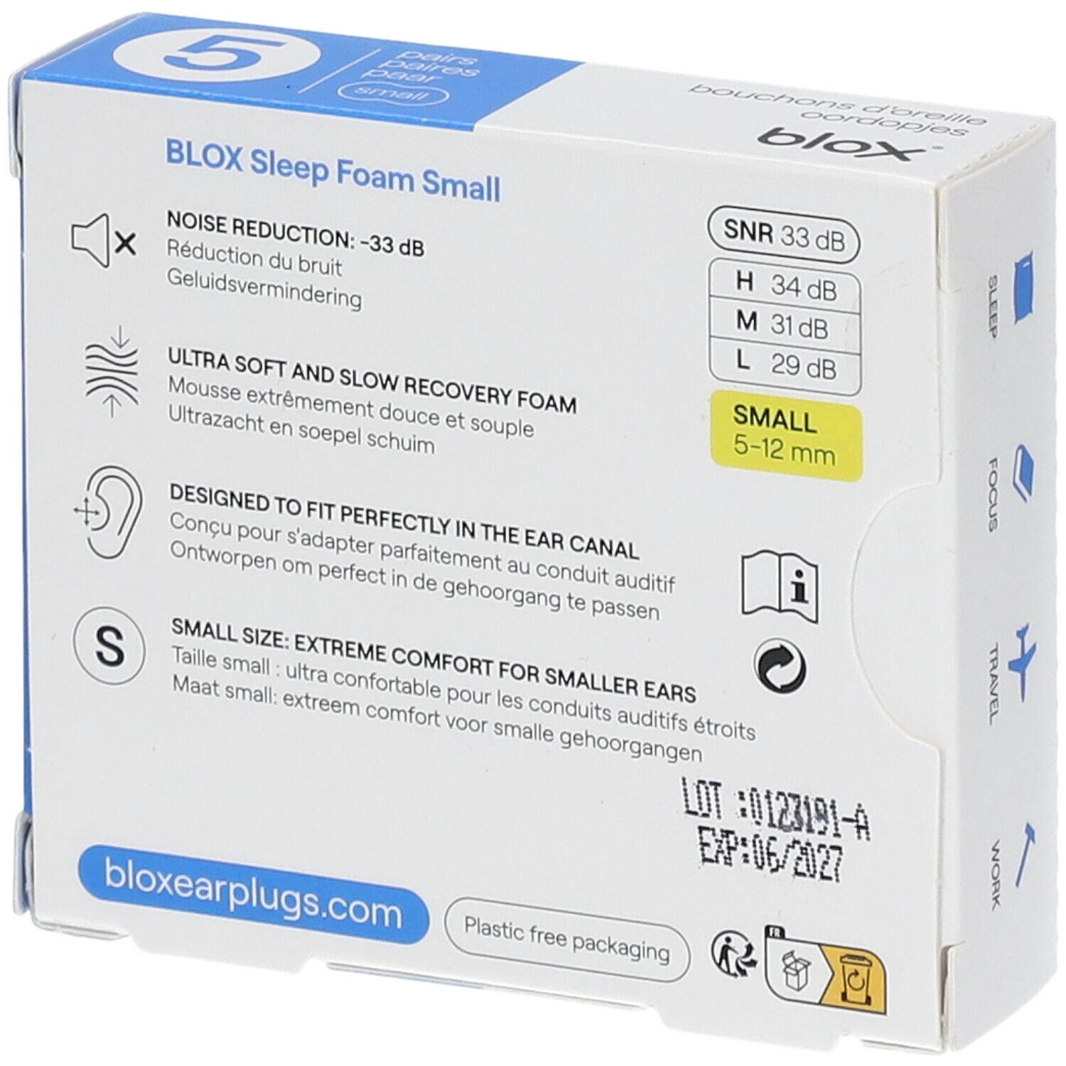 Dos de la boîte avec informations sur les bouchons d'oreille blox®. Inscription : Sleep Foam Small, SNR 33 dB.