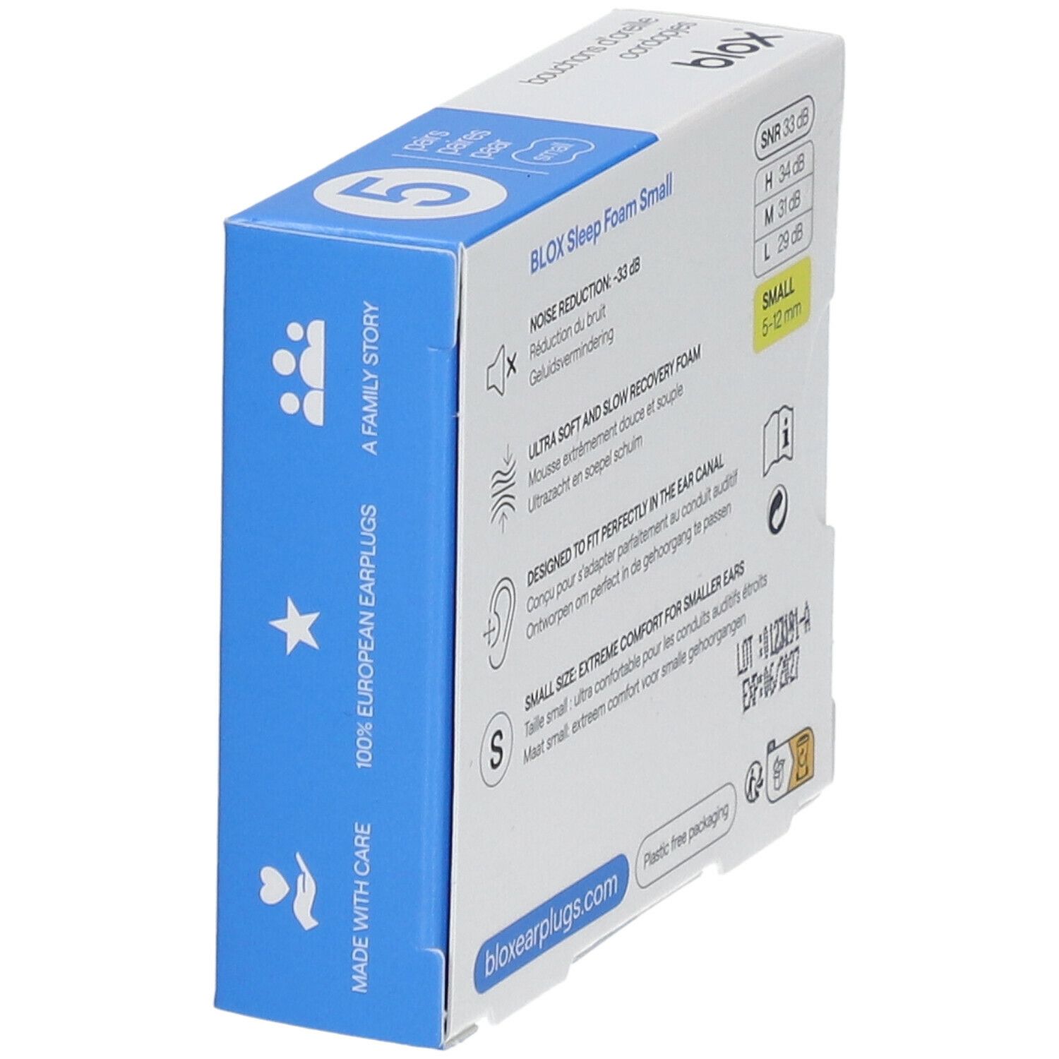 Boîte de bouchons d'oreille blox® jaunes. Inscription : Sleep Foam Small, SNR 33 dB. Côté avec symboles.