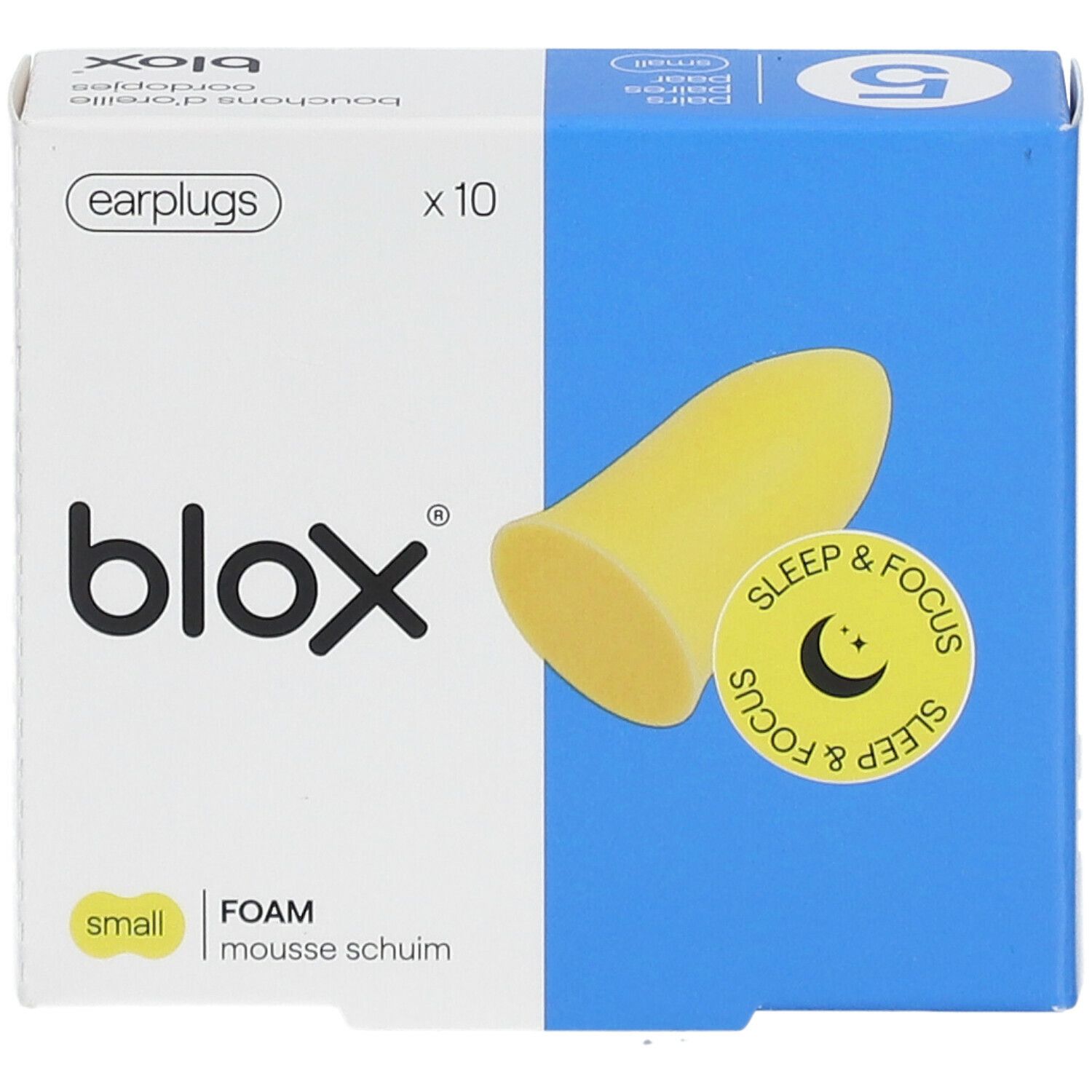 Boîte de bouchons d'oreille blox® jaunes. Inscription : Sleep & Focus, small, FOAM. Contient 10 pièces.